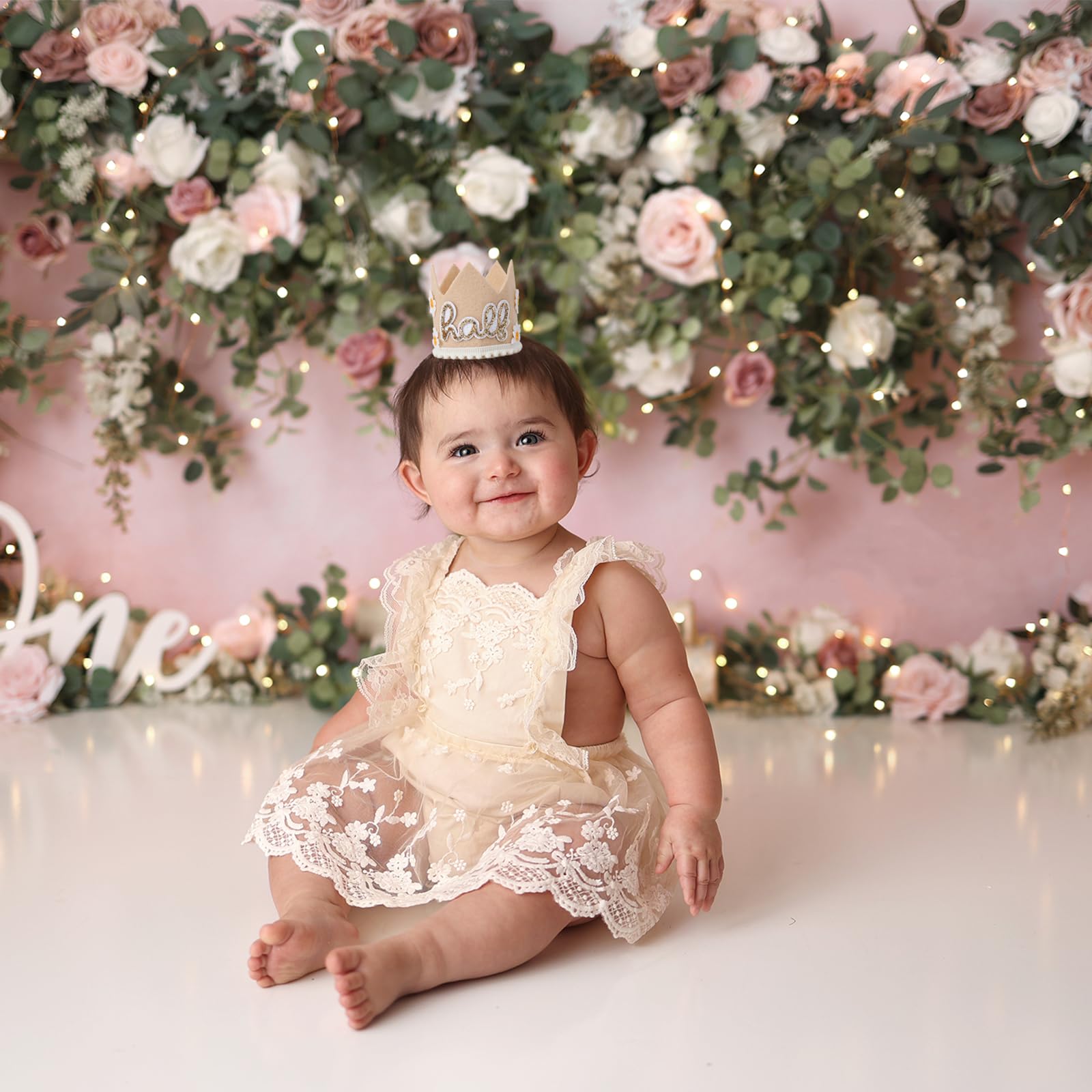 YOUAME Daisy Half Birthday Crown - Boho Party Decorations, Girls 1/2 Birthday Outfit, Bohemian Decor and Smash Cake Photo Props