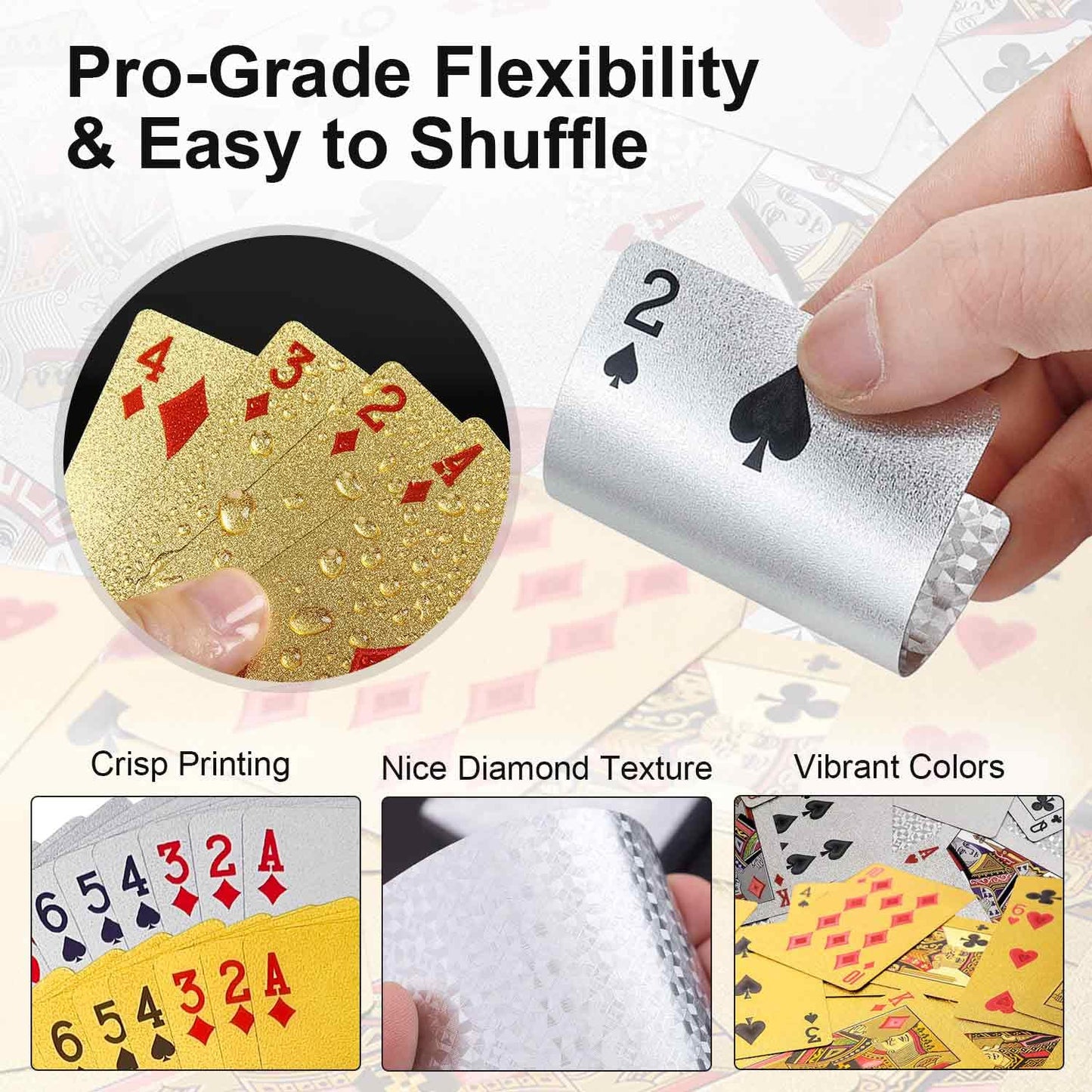 JWENUPDE Waterproof Playing Cards 2 Pack Set (Gold + Silver), Premium PET+PVC Plastic Poker Cards, Diamond-Textured, Durable & Luxury Design