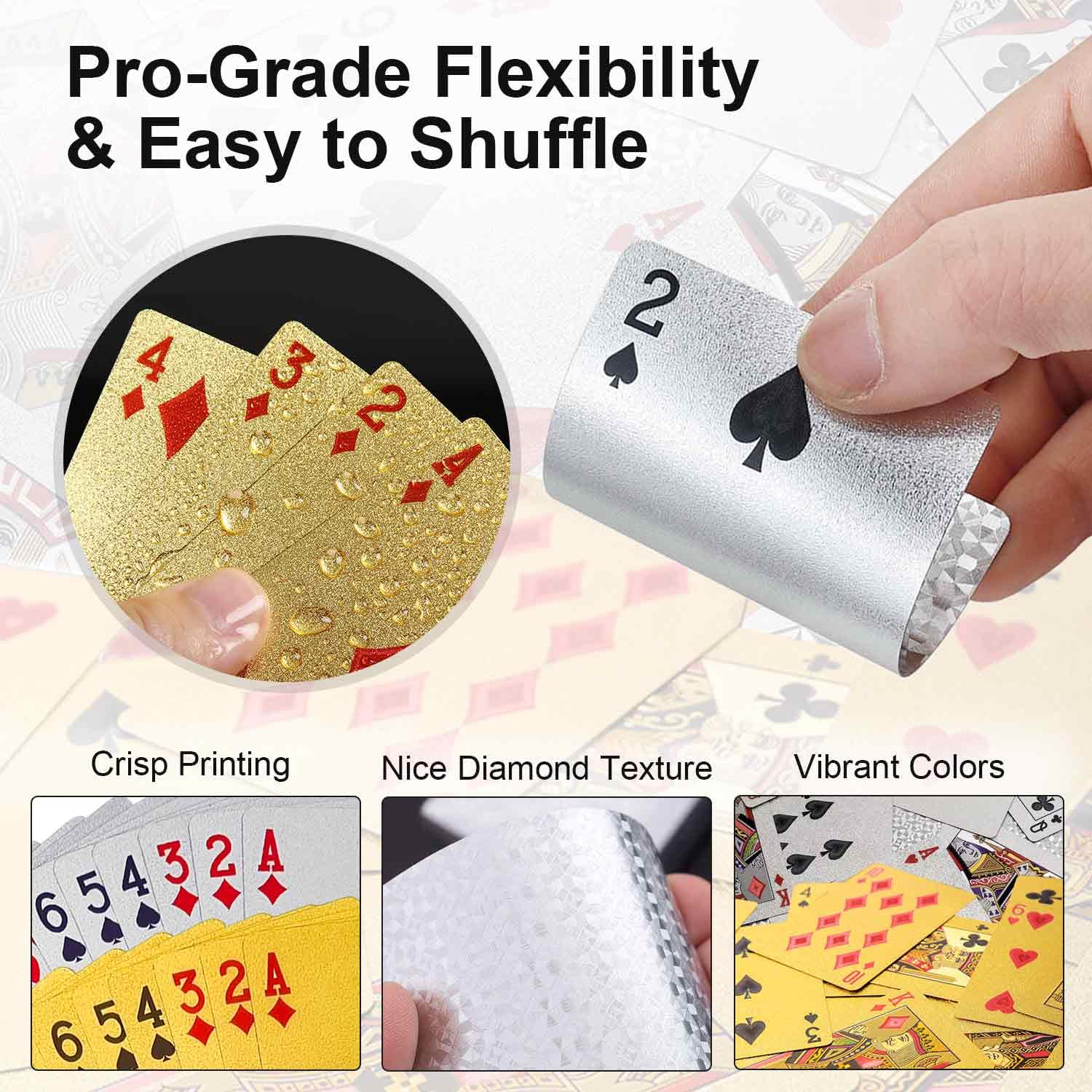 JWENUPDE Waterproof Playing Cards 2 Pack Set (Gold + Silver), Premium PET+PVC Plastic Poker Cards, Diamond-Textured, Durable & Luxury Design