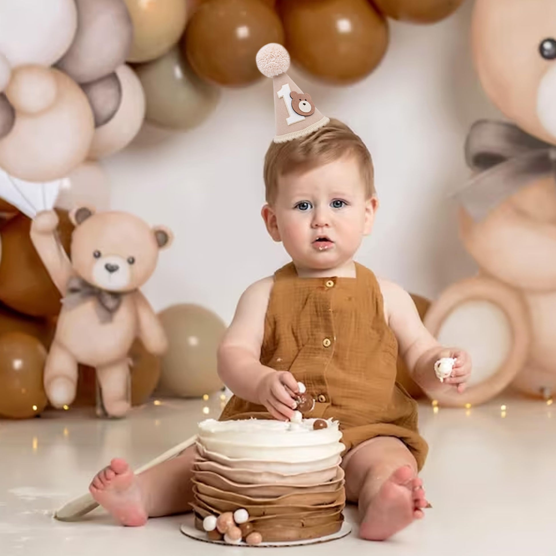 HIKLO Bear 1st Birthday Hat - Beary First Birthday Cone Hat, Woodland Party Decoration, One Happy Camper Party Supplies, Bear Theme Photo Props Cake