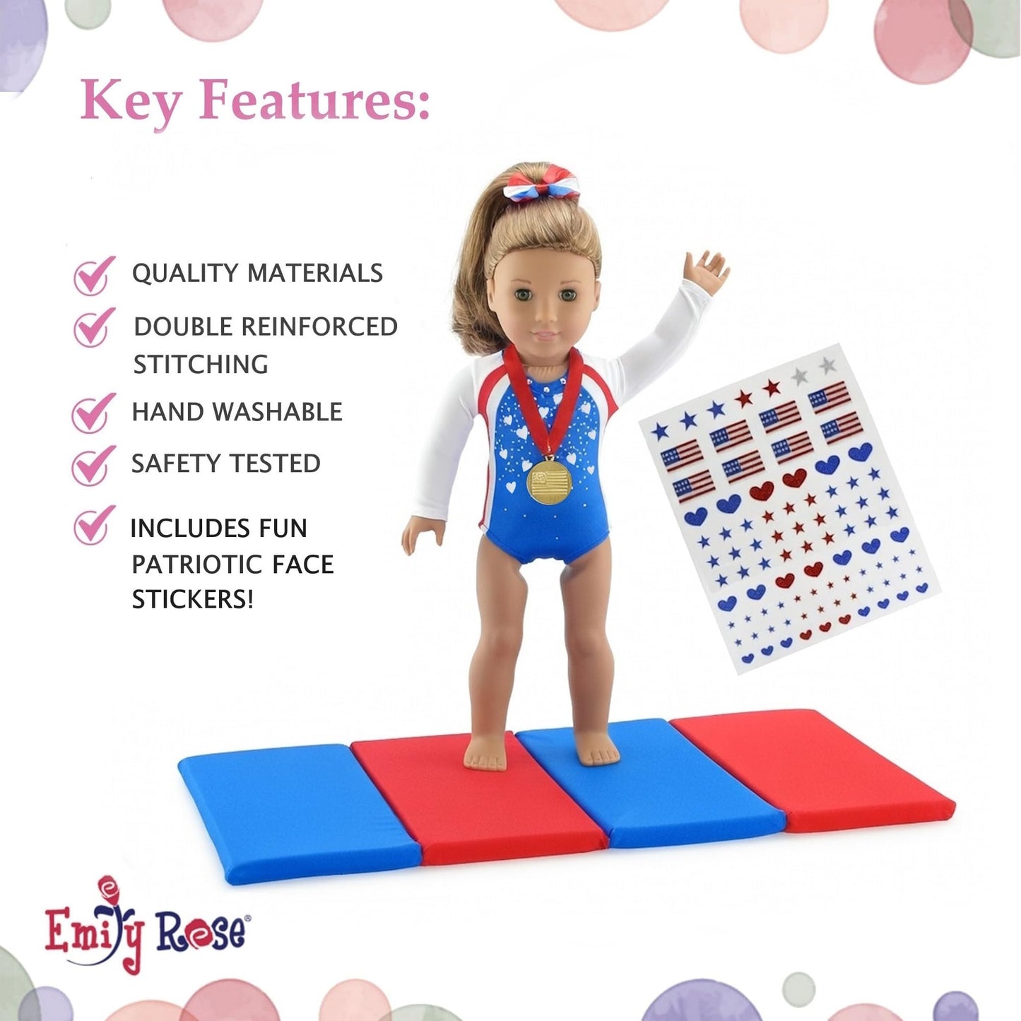 Emily Rose 18" Doll Gymnastics Outfit 5-Piece Set - Bejeweled Athletic Gymnast Leotard, Medal, Hair Bow, Mat, & Reuseable Stickers | American Girl