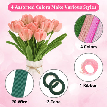 400Pcs Pink Pipe Cleaners Craft Flowers Bulk, 4 Assorted Colored Pastel Chenille Stems for DIY Flowers, Fuzzy Pipe Cleaners for Crafts, Craft Supplies