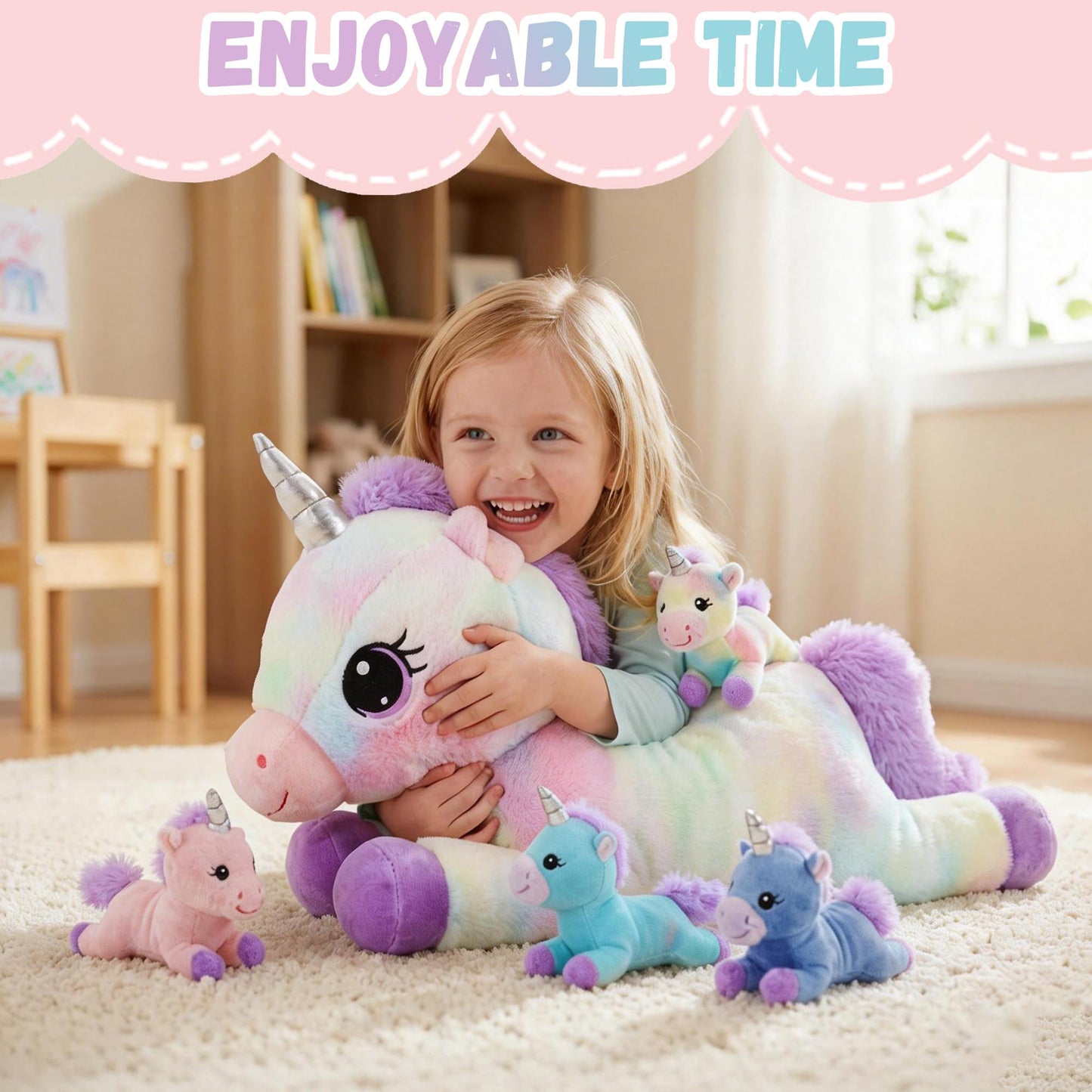 little tigers Unicorn Mommy Stuffed Animal with 4 Babies in Tummy, 5-in-1 Soft Unicorn Plush Toy Pillow, Stuffed Animal Gifts for Girls Kids Toddlers