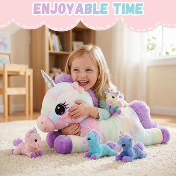 little tigers Unicorn Mommy Stuffed Animal with 4 Babies in Tummy, 5-in-1 Soft Unicorn Plush Toy Pillow, Stuffed Animal Gifts for Girls Kids Toddlers