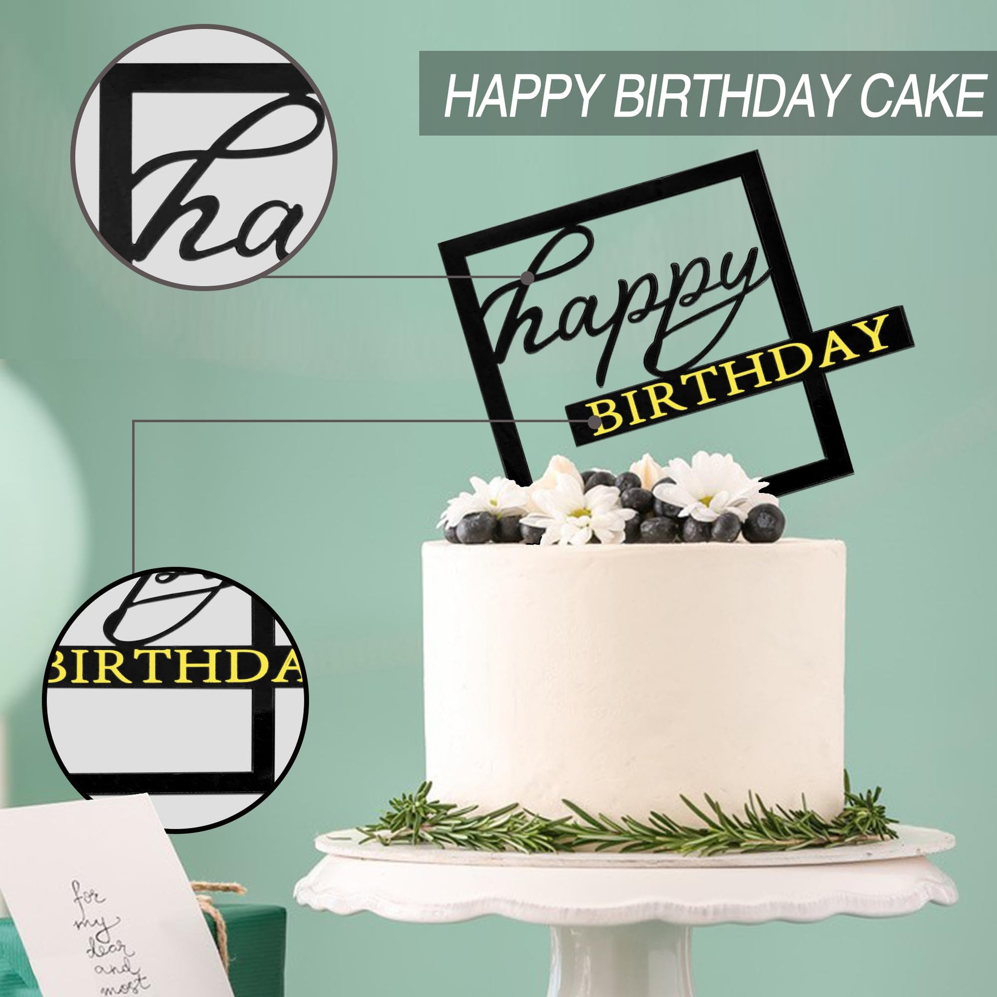 24 PCS Black Happy Birthday Cake Toppers Mirror Acrylic Side Cake Decorations 8 Styles