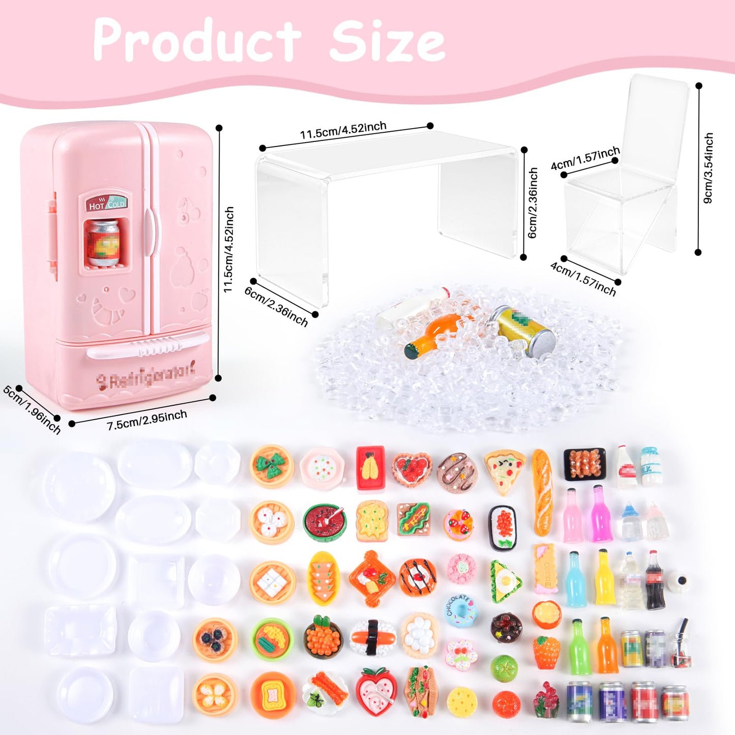 95 Pcs Dollhouse Refrigerator Mini Fridge Table Dining Car Toy with Food Set Kitchen Furniture Miniatures Party Fruits Juice Milk Desserts