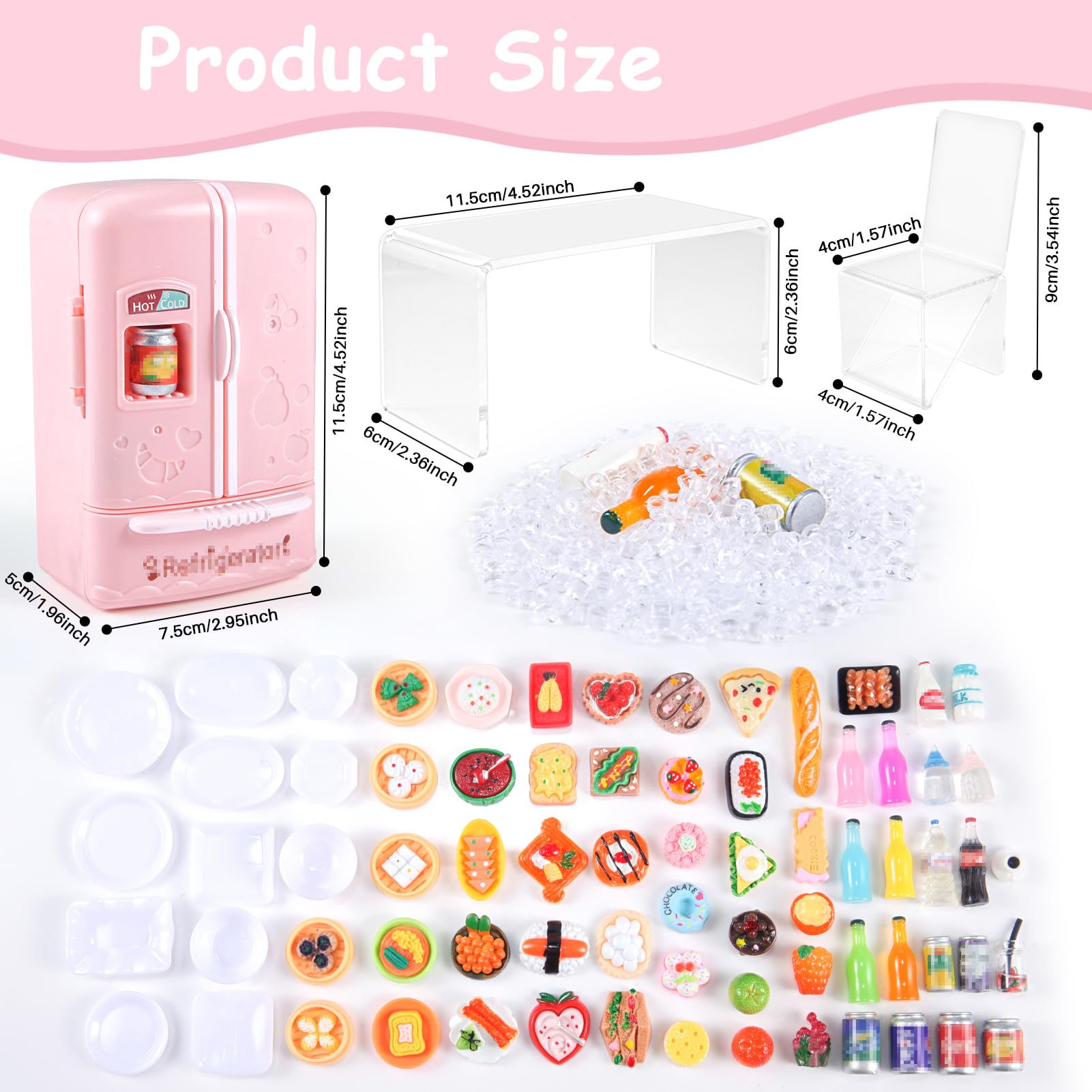 95 Pcs Dollhouse Refrigerator Mini Fridge Table Dining Car Toy with Food Set Kitchen Furniture Miniatures Party Fruits Juice Milk Desserts