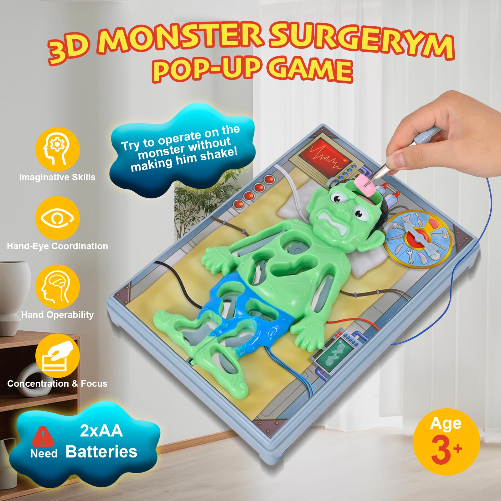 Operated Monster Board Game for Kids Ages 3-8-12 Years Old with Tweezers and Fun Game Pieces, Classic Education Board Game for Single or 2 Player