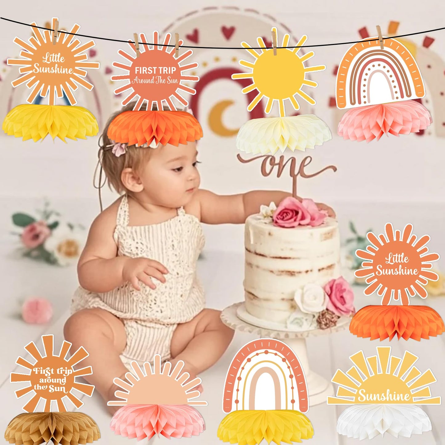 First Trip Around The Sun Decorations Honeycomb Centerpieces, Little Sunshine Table Toppers, Sun Birthday Party Decoration for Sunshine Baby Shower