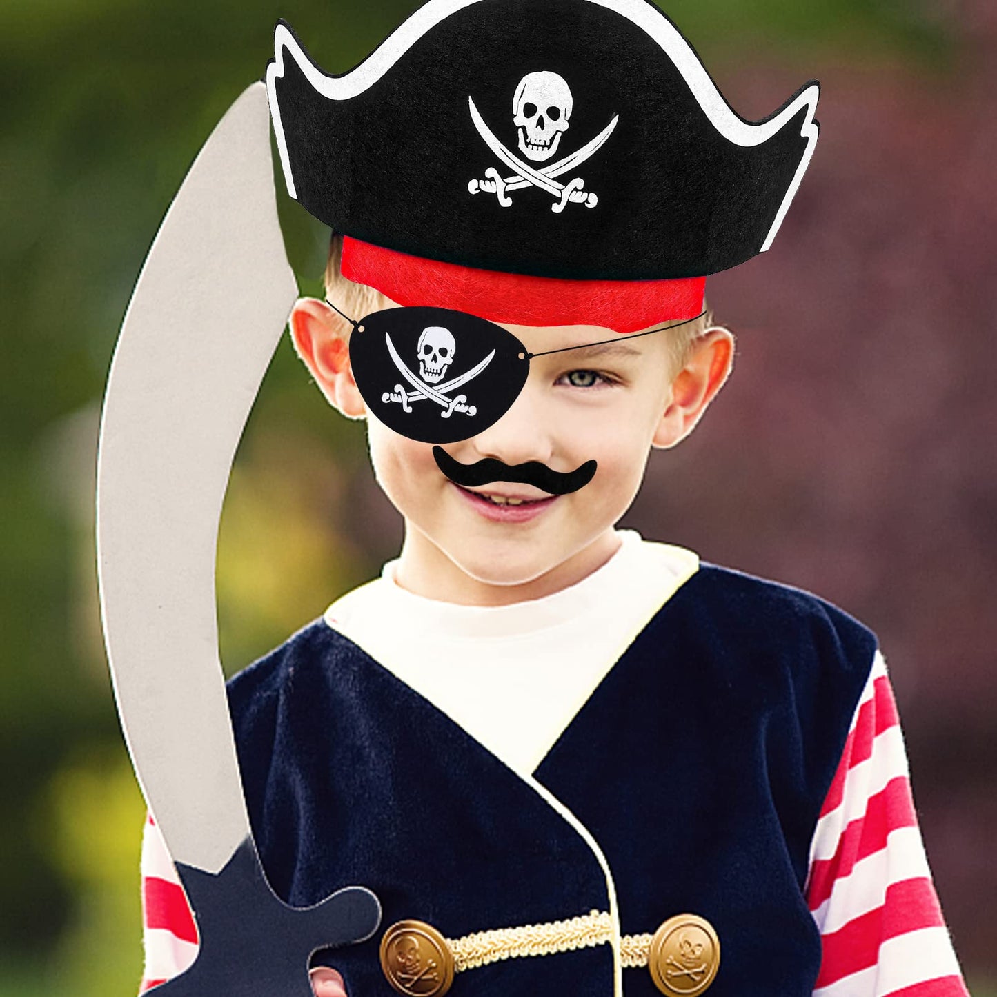 CHRIMISS Pirate Hat Set with Pirate Eye Patch, Mustache, Temporary Tattoos, 48PCs for Kid Birthday, Halloween Costume Accessories, Party Favors