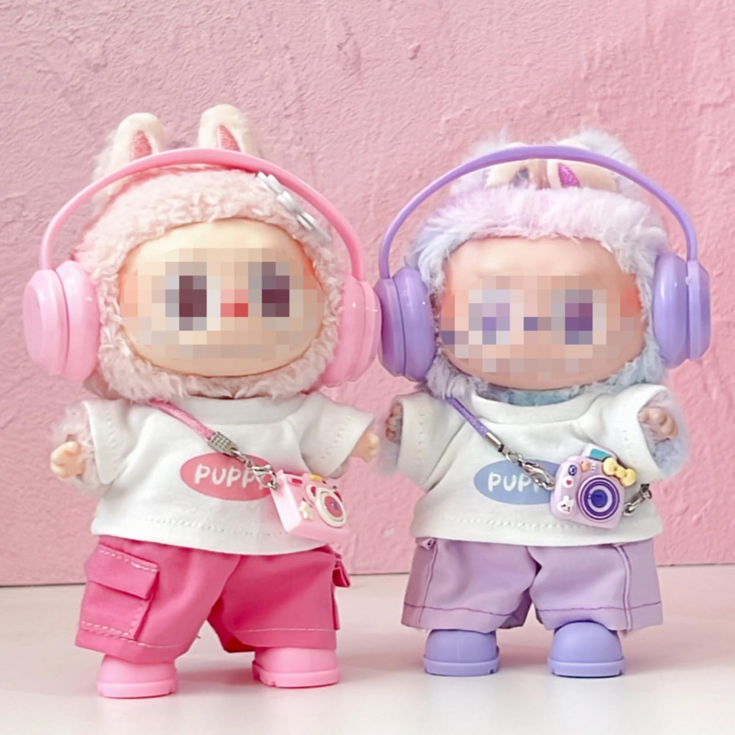 for Labubu Dolls Cute Puppy Themed Sporty Casual Outfit - Includes White T-Shirt Shorts Headphones and Shoes (Pink Set with Camera and Headphone)