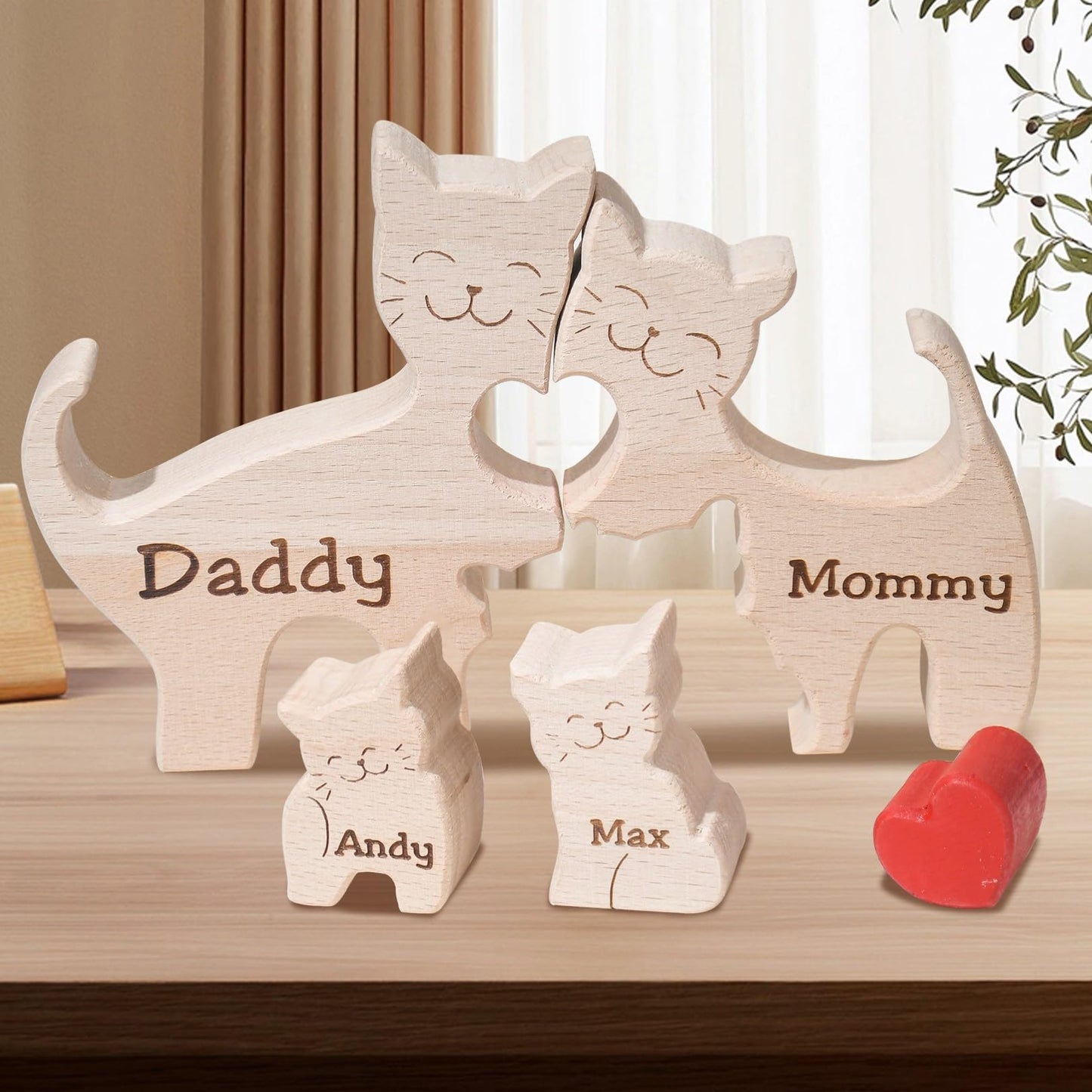 Personalized Bear Family Wooden Art Puzzle, Wooden Bear Jigsaw Puzzle with Heart, Customized Gift for Mom Dad Home Decoration (Popular Cat Gift)