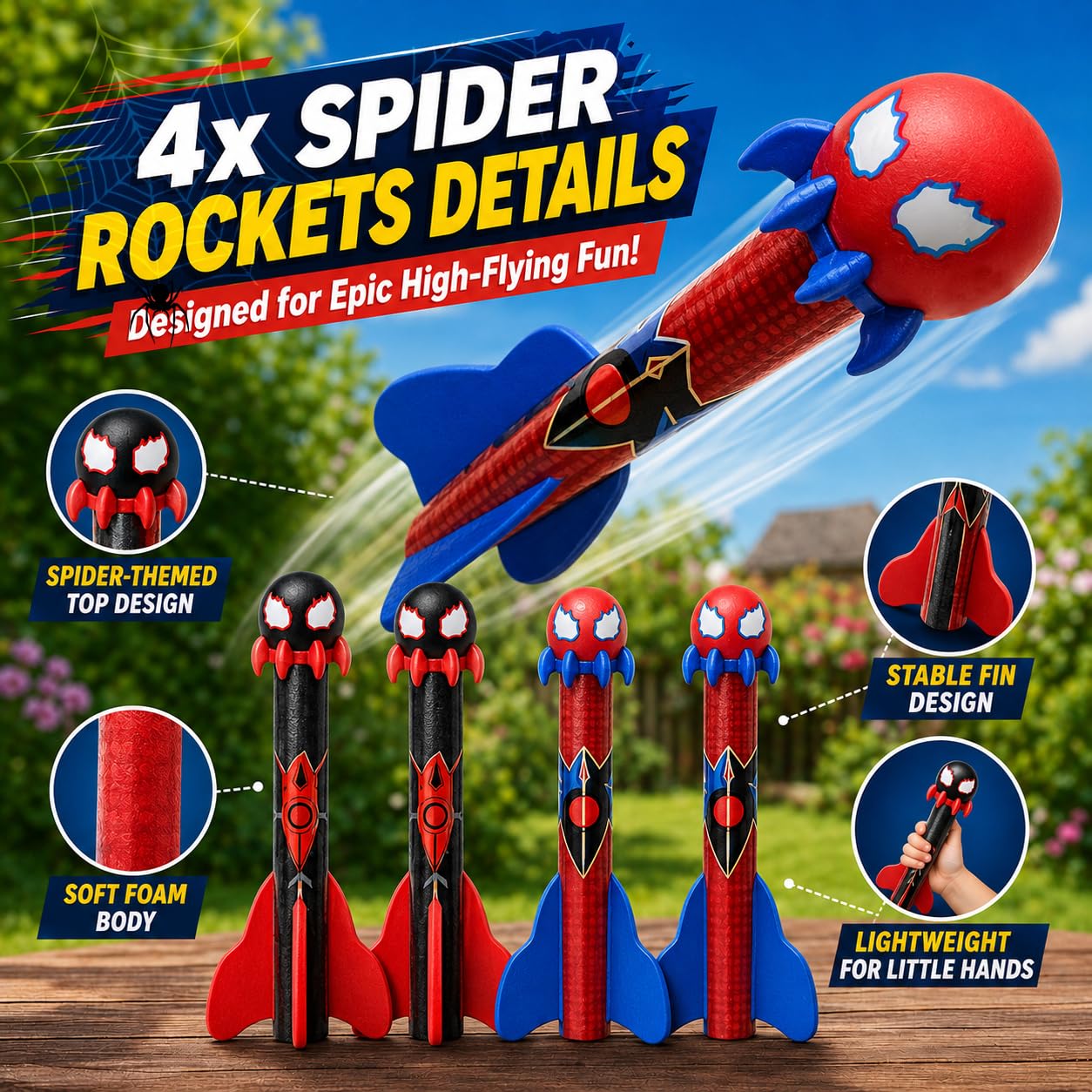 Spider Toys Rocket Launcher for Kids, 4 Spider Foam Rockets & Web Launcher, Adjustable Outdoor Air Rocket Toys, Up to 100 FT, Backyard Birthday Gifts
