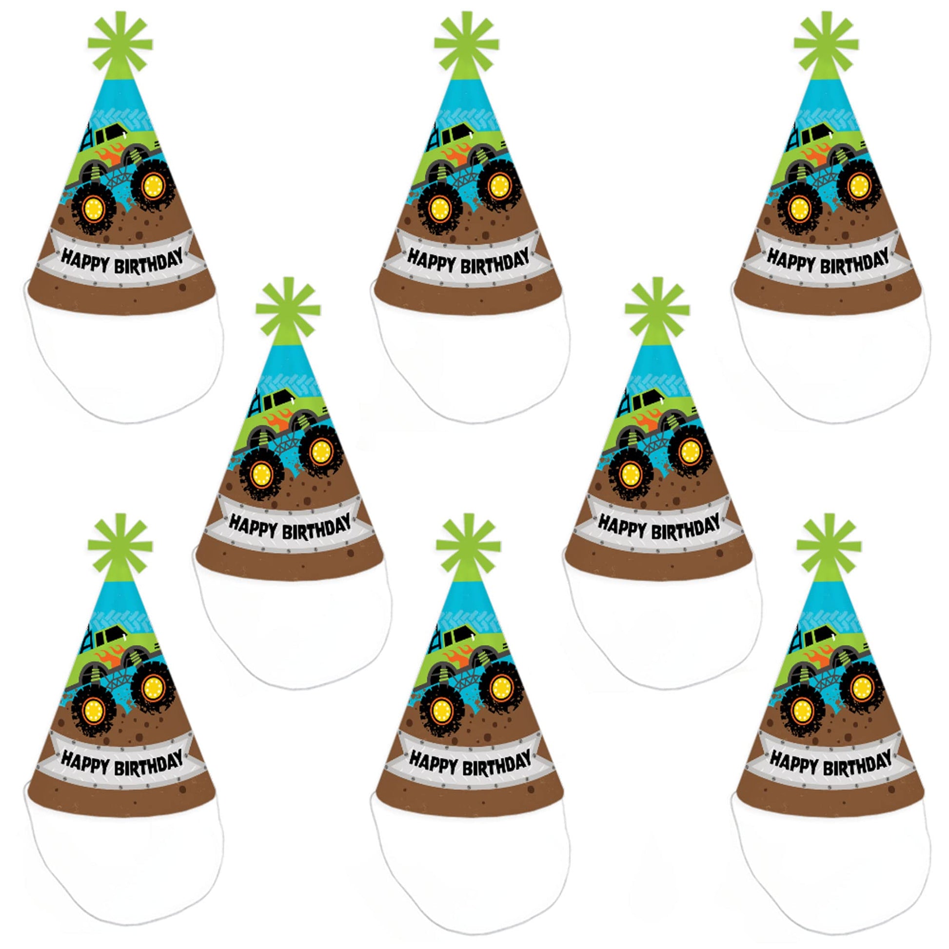 Big Dot of Happiness Smash and Crash - Monster Truck - Cone Happy Birthday Party Hats for Kids and Adults - Set of 8