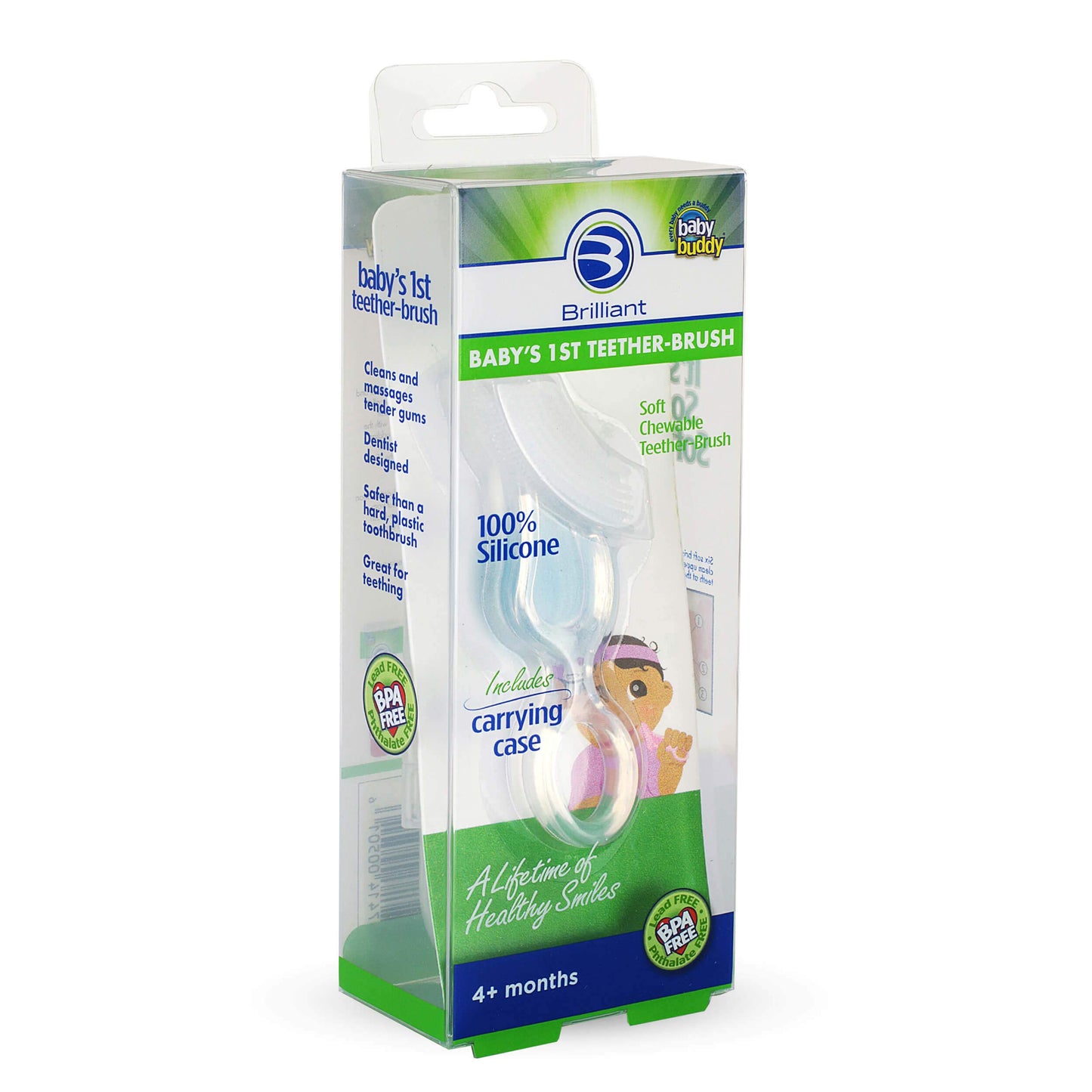 Brilliant Oral Care Baby’s First Toothbrush, Smooth Silicone Bristles Gently Clean Tender Teeth and Gums, with Storage Case, for Ages 4+ Months