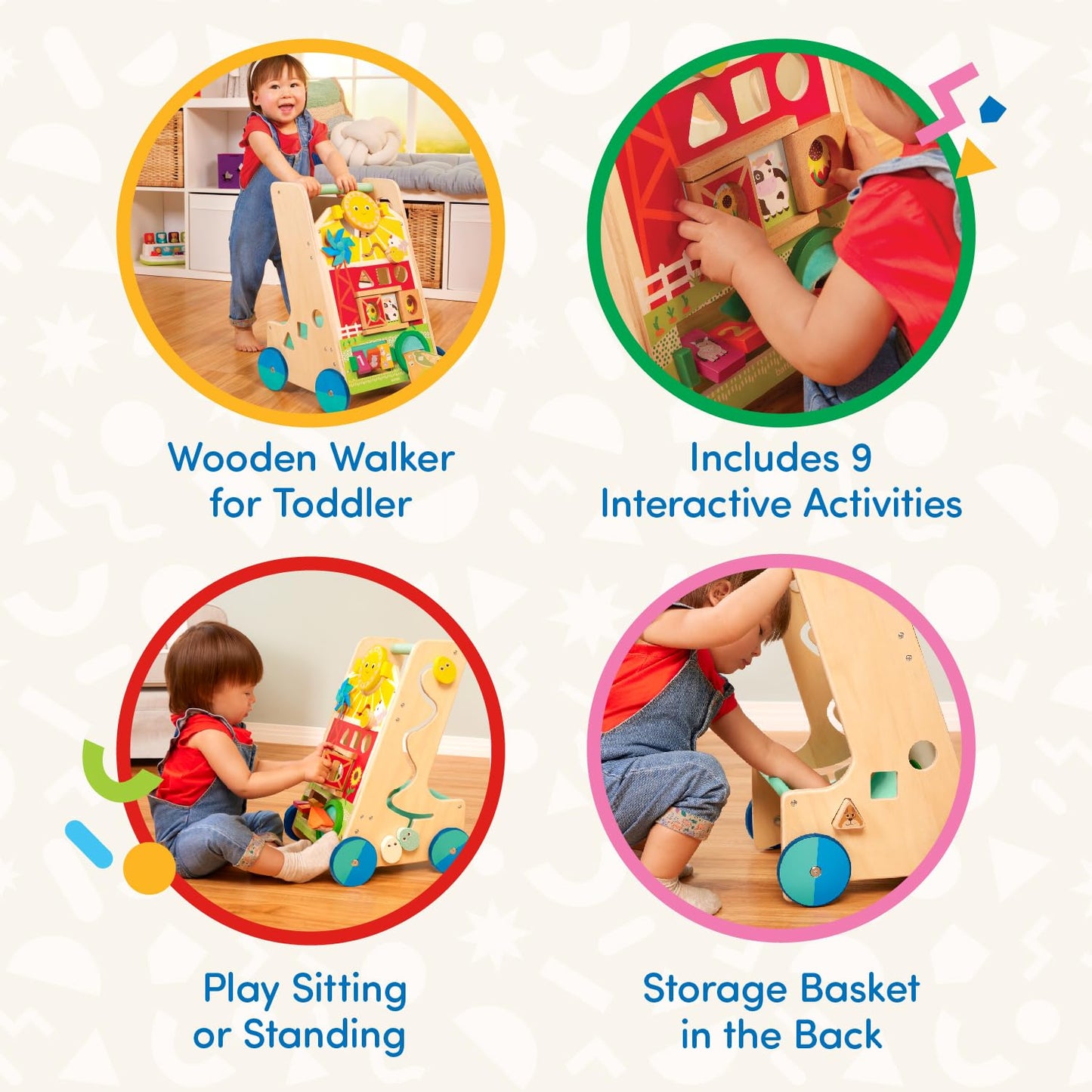 Battat Wooden Activity Walker, 9 Activities, Sunshine Farm Theme, Wood Toys