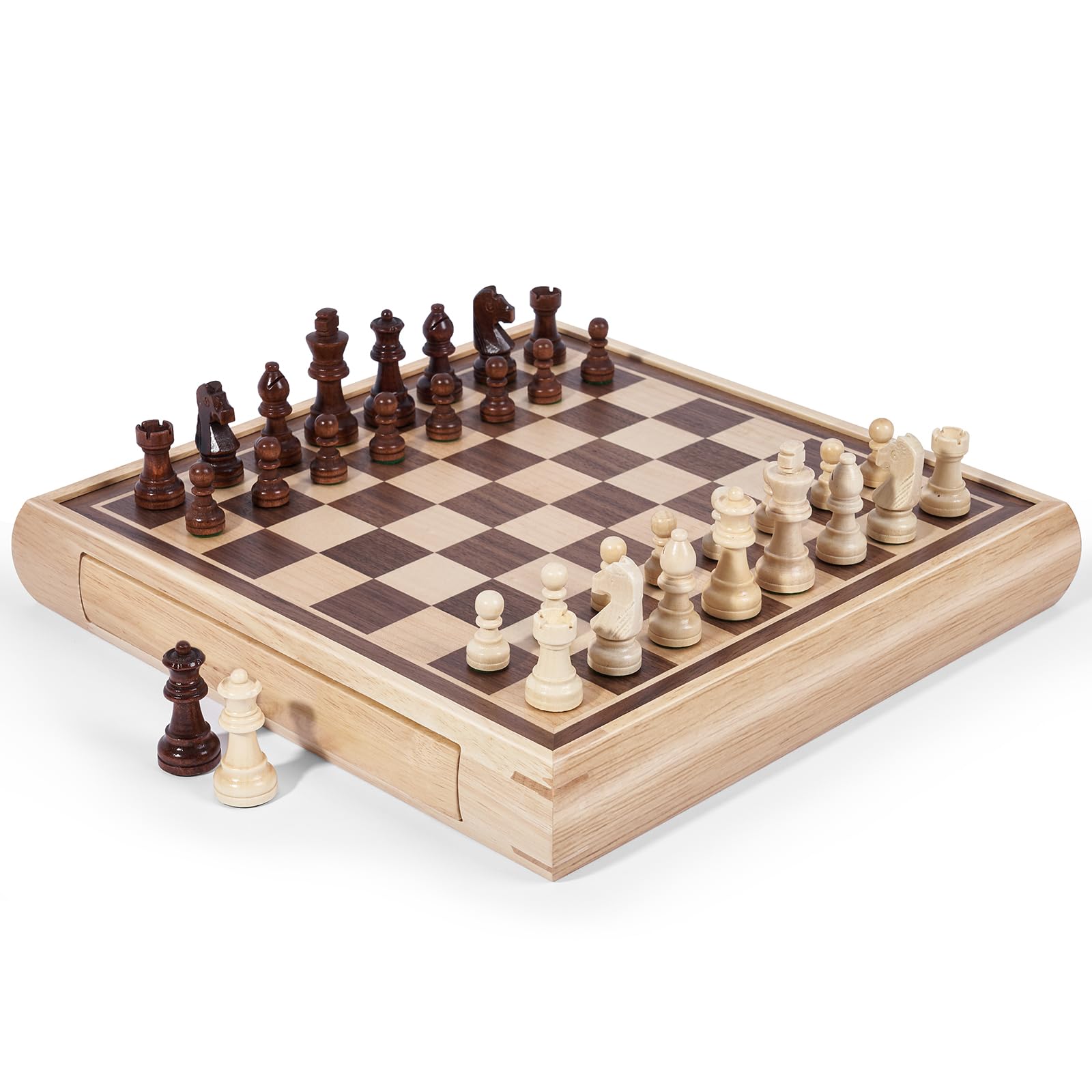 VAMSLOVE 13" Chess Chinese Checkers 2 in 1 Wooden Board Game Set with Pieces Storage Drawer - 2 Extra Queens, Bonus Marbles, for Birthday Gift