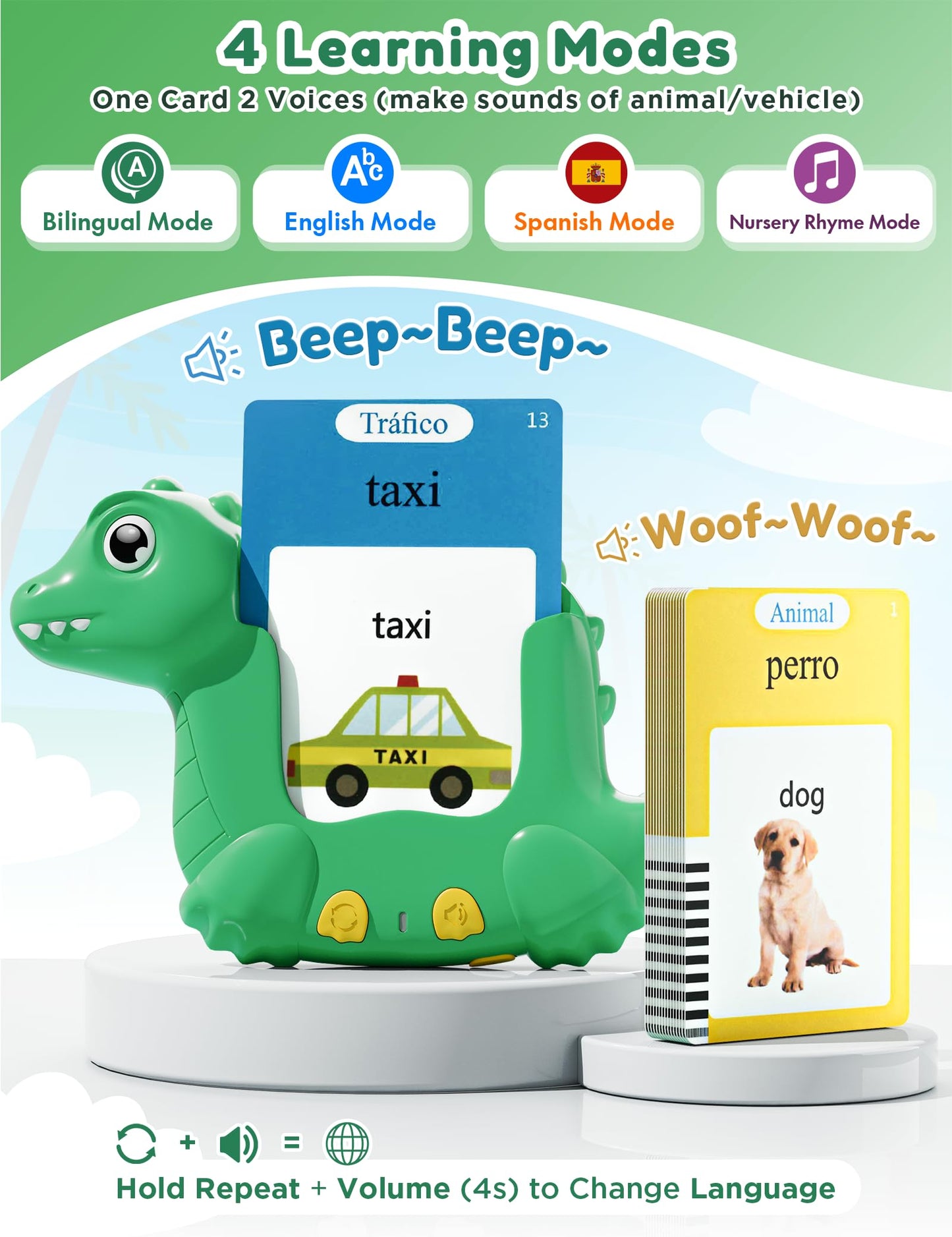 Spanish and English Talking Flash Cards for Kids, 510 Words, Dino Shaped