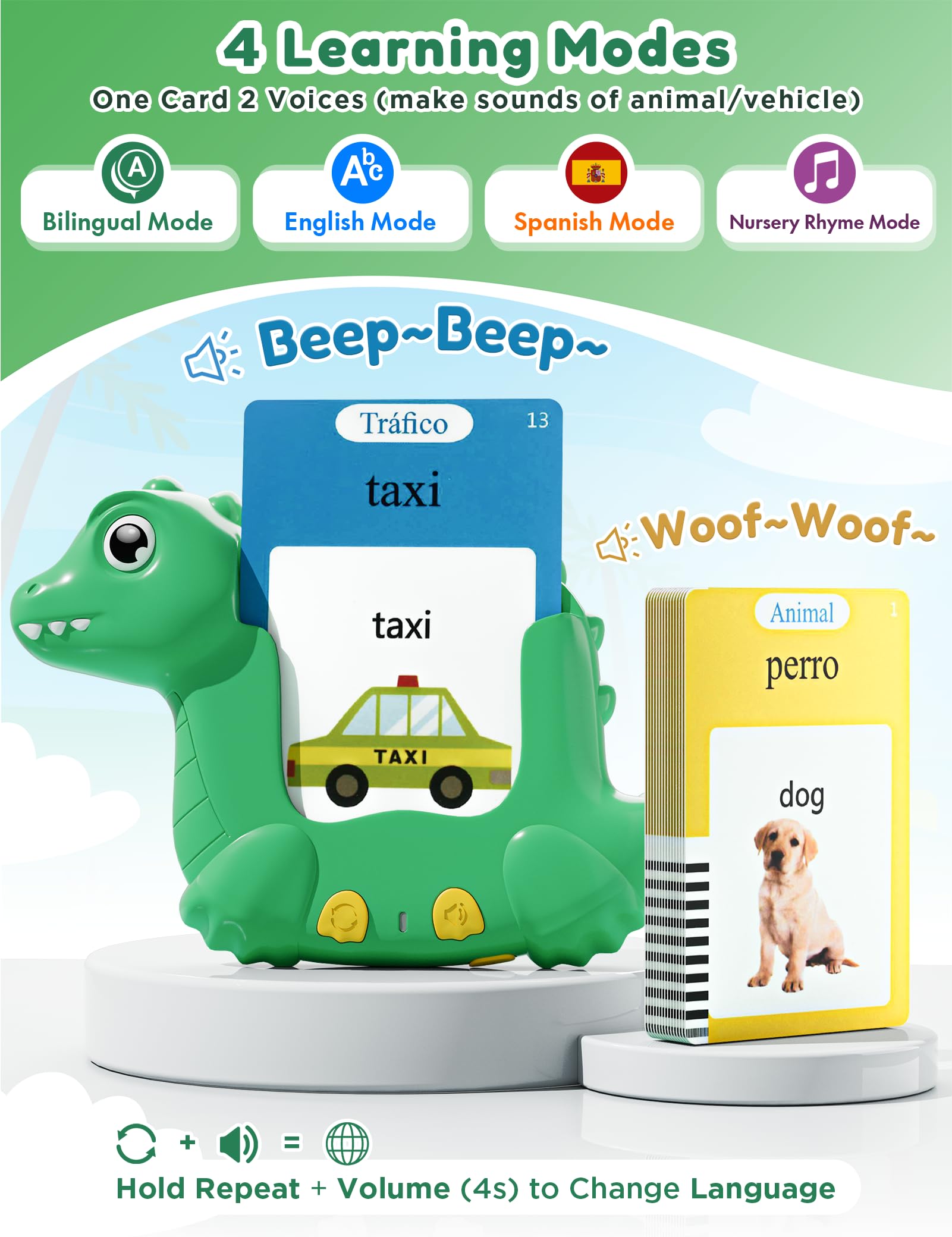 Spanish and English Talking Flash Cards for Kids, 510 Words, Dino Shaped