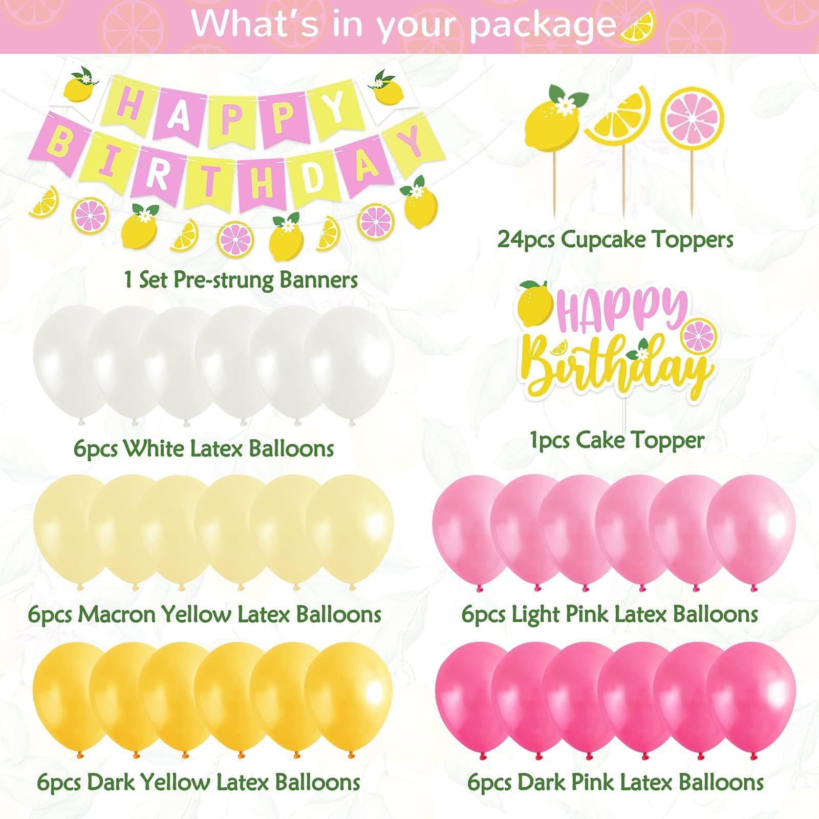 Lemon Party Decorations Happy Birthday Banner Lemon Garland Lemonade Cake Topper Cupcake Toppers Balloons for Lemonade Theme Birthday Party Supplies