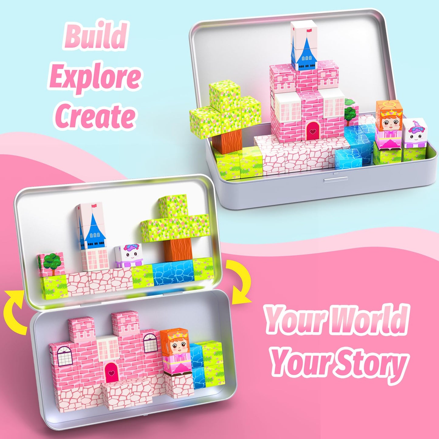 CEMECER Travel Magnetic Cubes, Princess STEM Building Blocks for Plane Road Trips, Magnetic Construction Toys for Kids