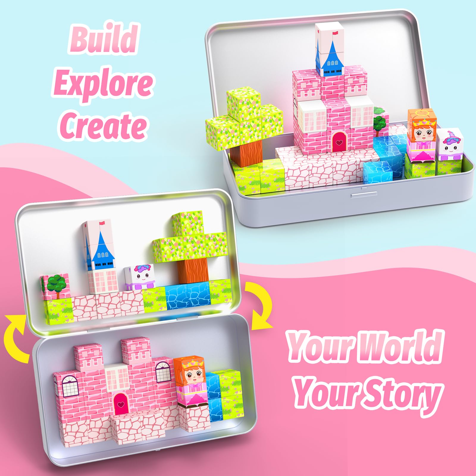 CEMECER Travel Magnetic Cubes, Princess STEM Building Blocks for Plane Road Trips, Magnetic Construction Toys for Kids
