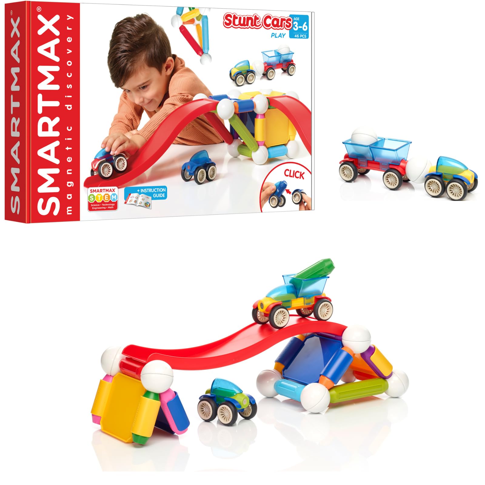 SmartMax Stunt Cars (Basic Stunt) STEM Magnetic Discovery Building Set with Moving Vehicles Featuring Safe, Extra-Strong, Oversized Building Pieces