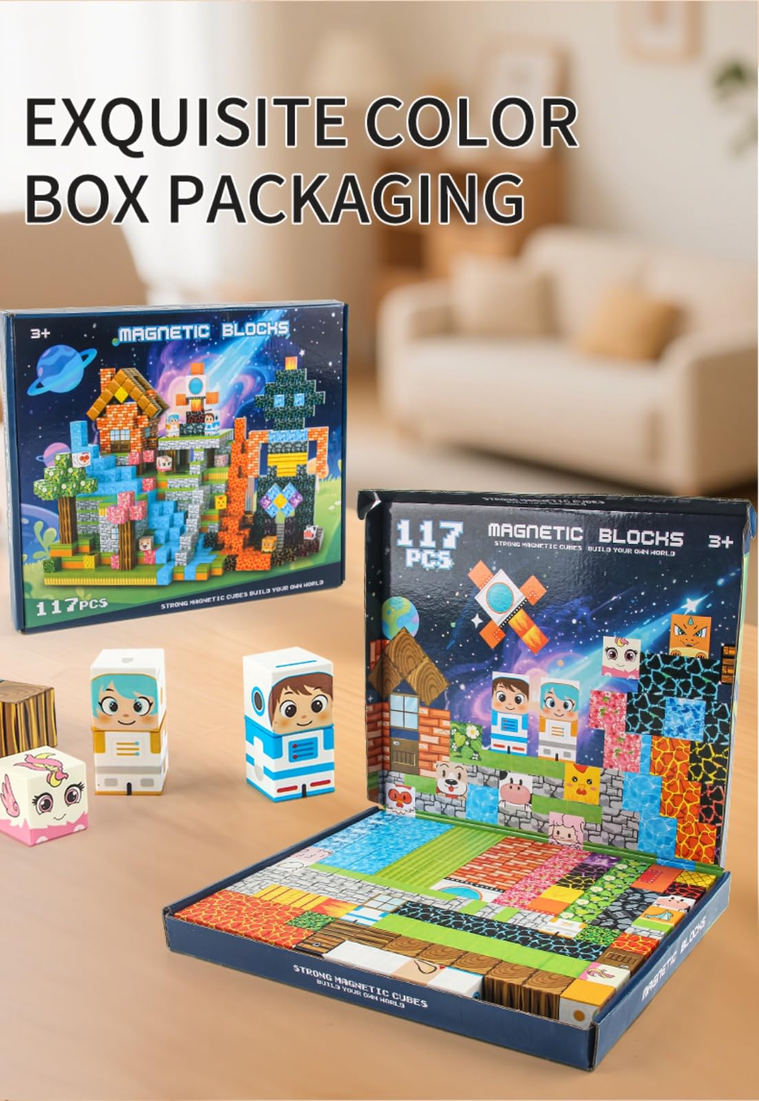 FXLYNAF Magnetic Blocks, 117-Piece 0.8in Build Astronaut Magnet Game Set, Stacking Building Blocks Cubes Magnets for Kids, STEM Sensory Creative Toys
