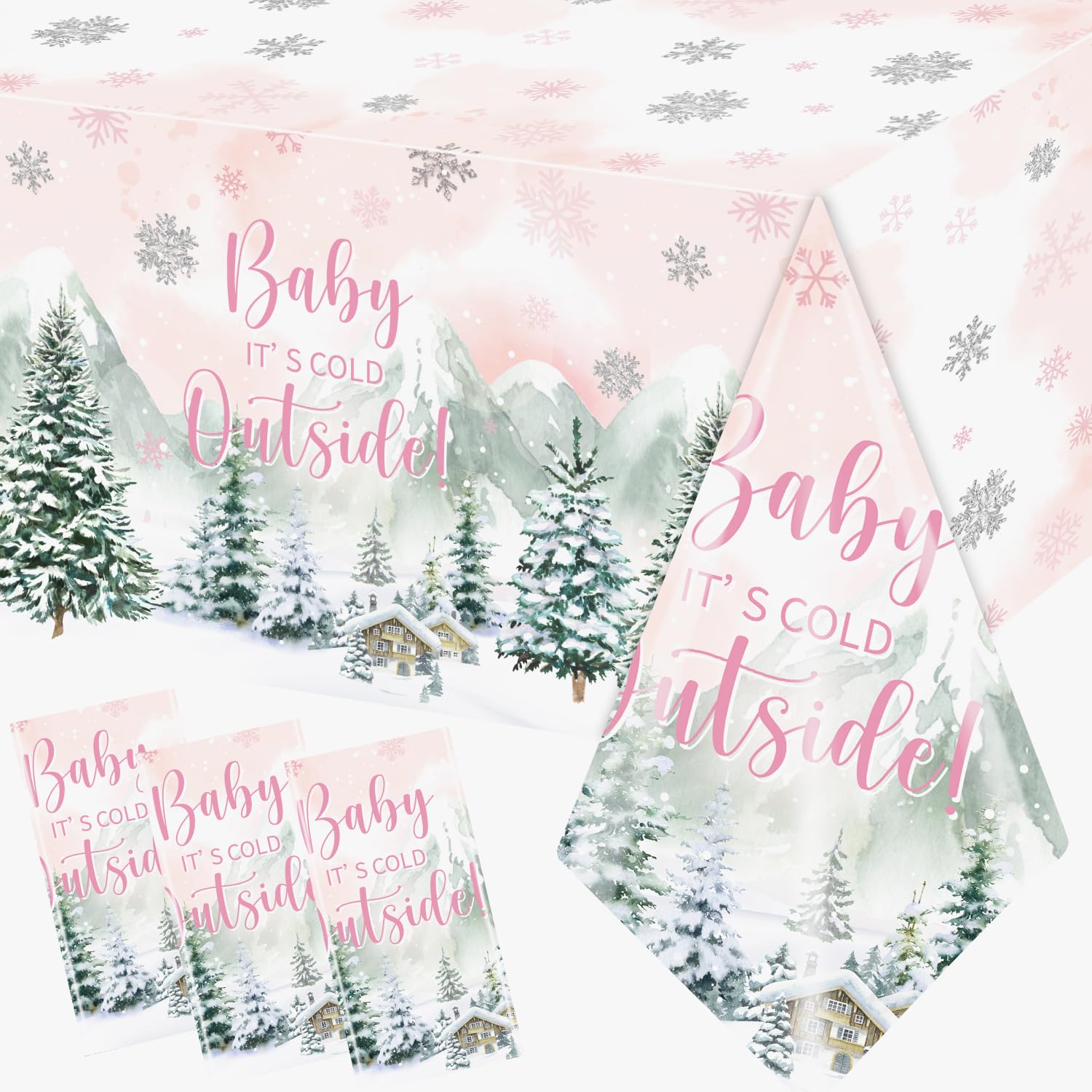 Dydamud Winter Woodland Plastic Tablecloth - 3pcs Rectangle Table Cover for Baby Girl's Cold Outside Baby Shower & Birthday Party Decorations