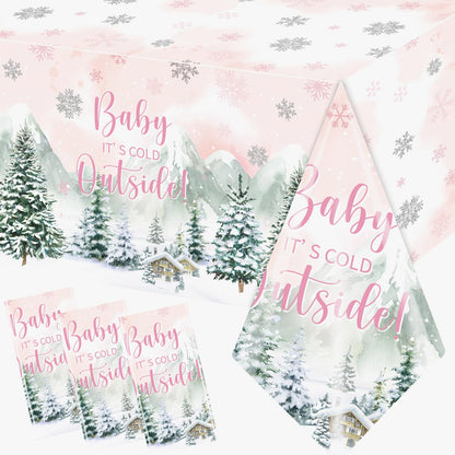 Dydamud Winter Woodland Plastic Tablecloth - 3pcs Rectangle Table Cover for Baby Girl's Cold Outside Baby Shower & Birthday Party Decorations