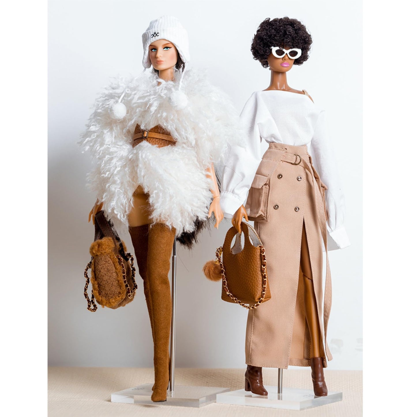 AQQeenmiu Fashion Doll Outfit Set for 11.5-12 Inch Dolls, Designer White Off-Shoulder Shirt with Tan Workwear Belted Skirt, 2 Piece Clothing Set (Tall