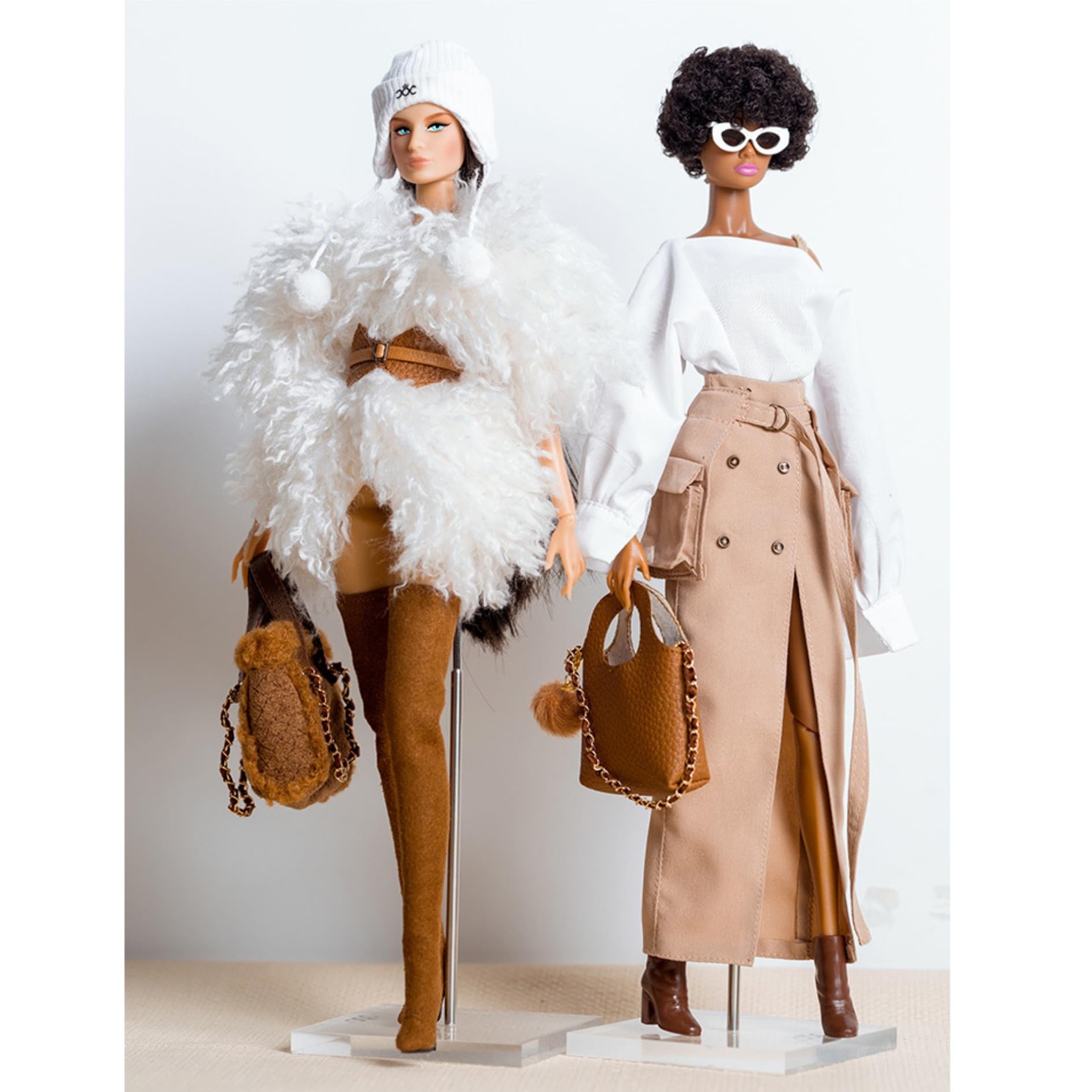 AQQeenmiu Fashion Doll Outfit Set for 11.5-12 Inch Dolls, Designer White Off-Shoulder Shirt with Tan Workwear Belted Skirt, 2 Piece Clothing Set (Tall