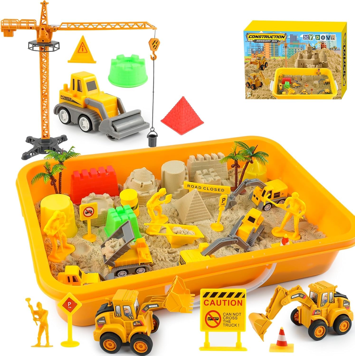 Sand Construction Kit - Play Sand Art Kit with 7 Construction Truck, 2lbs Magic Sand, Castle Molds, Crane, Worker Figures and Road Signs, Construction