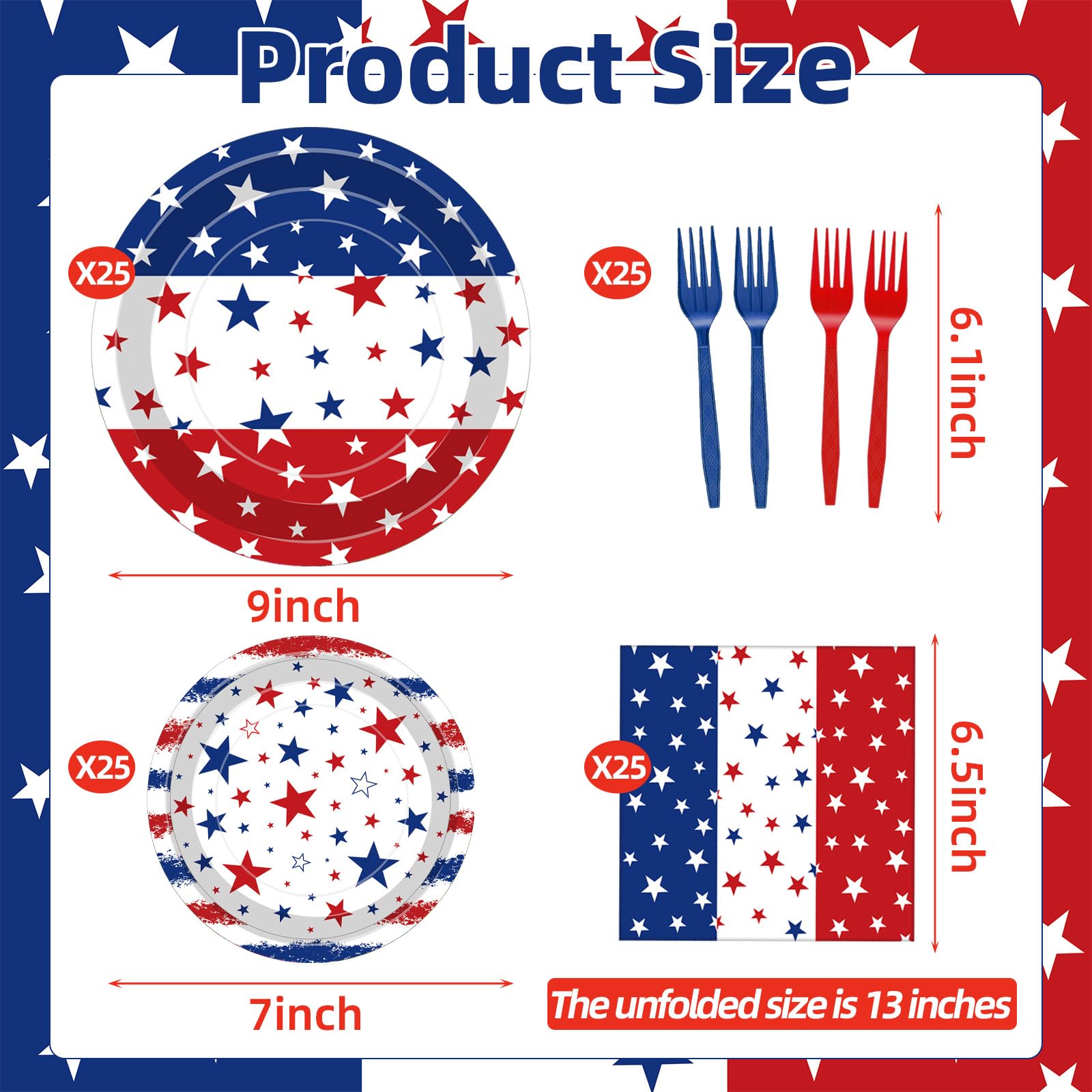 100 Pcs Patriotic Party Supplies Set, Serves 25 - Disposable Red White Blue Star Paper Plates, Napkins, and Forks, American Flag Themed Tableware