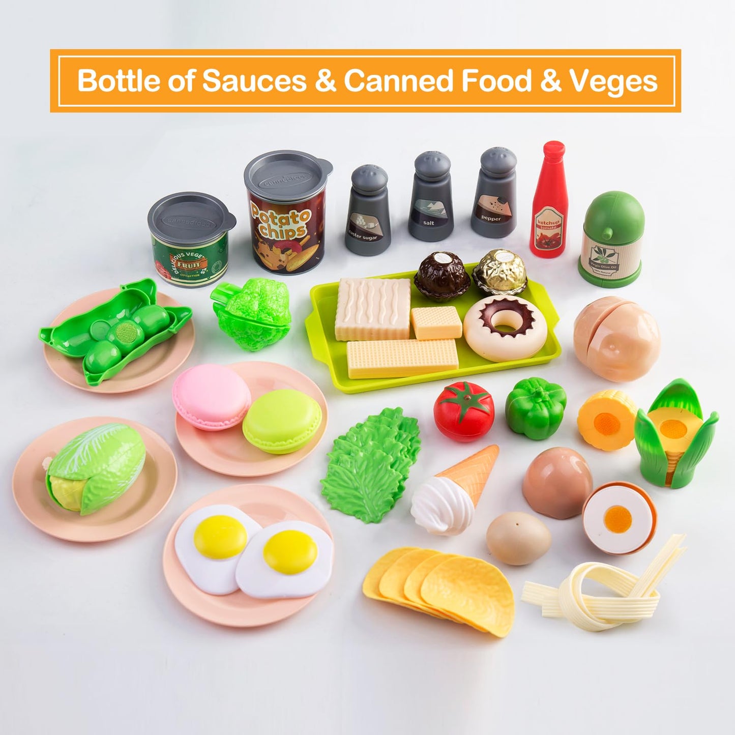 150Pcs Kitchen Playset, Toddlers Pretend Cooking Cookware Accessories, Food, Picnic Blanket, Fruits, Veges, 2Pack Shopping Storage Basket, Dessert