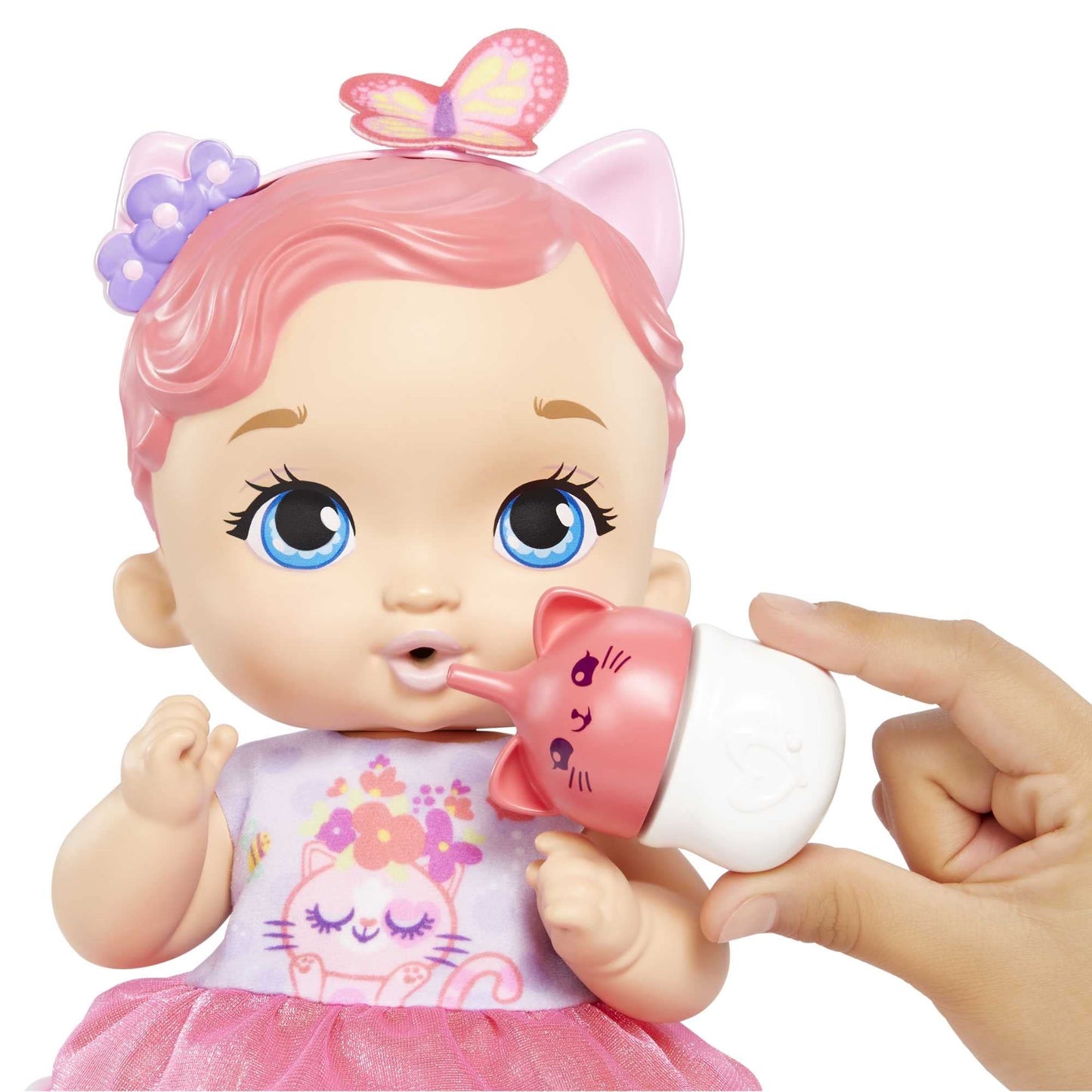 My Garden Baby Kitten Bebe and Pees Pink Ears Baby Doll Toy with Diaper, Bottle, Headband and Accessories, Gift +3 Years (Mattel HHL21)