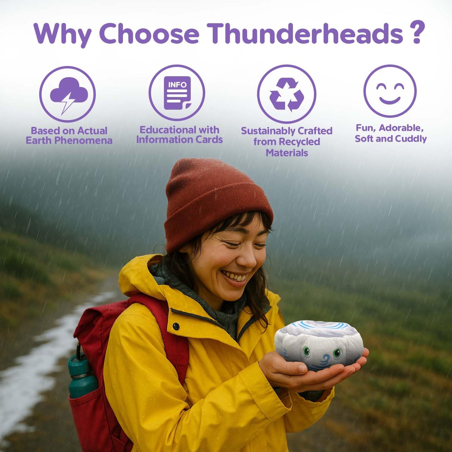 Thunderheads Hurricane Plush, Weather-Inspired Educational Soft Collectible with Fact Card, Earth-Based plushie, STEM Learning Tool for Curious Minds
