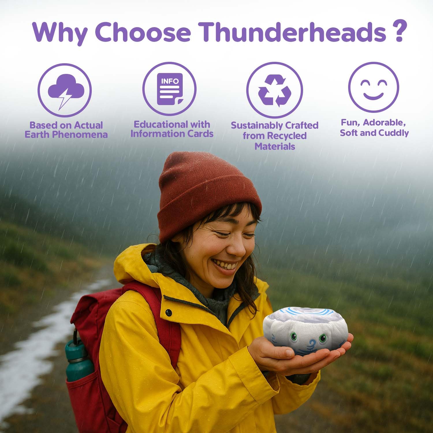 Thunderheads Hurricane Plush, Weather-Inspired Educational Soft Collectible with Fact Card, Earth-Based plushie, STEM Learning Tool for Curious Minds