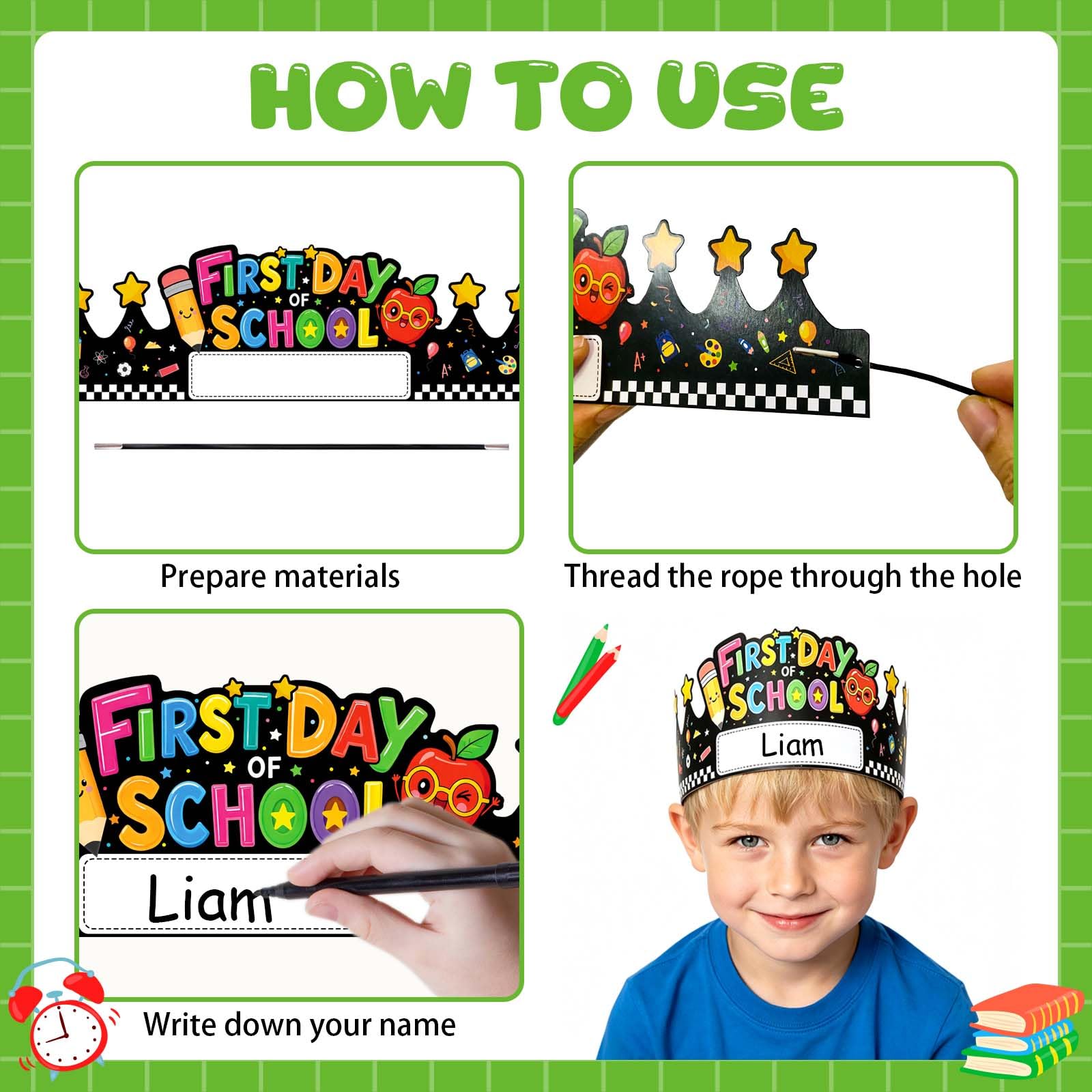 LIJUGITF 24pcs First Day of School Paper Crowns Adjustable Name Writing Hat
