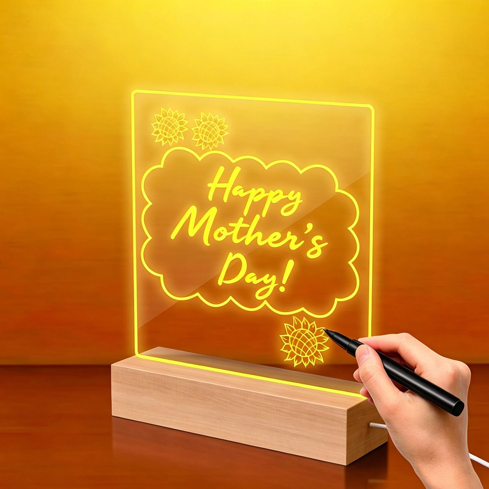 2-in-1 LED Night Light & Dry-Erase Board, 5.91x5.91"Wooden Acrylic Light, LED Note Board Message Board, Arcrylic Memo Board Doodle Glow Board