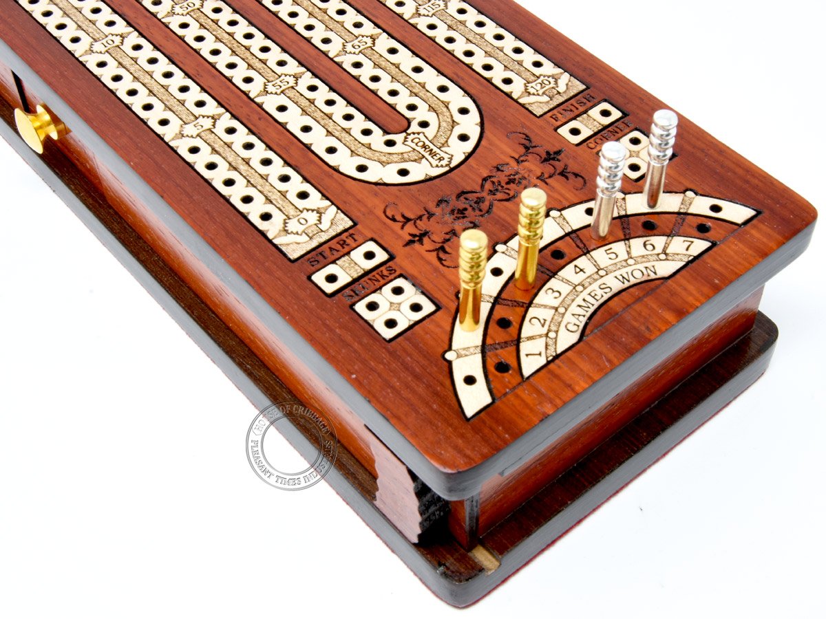 House of Cribbage - Continuous Cribbage Board/Box Inlaid in Bloodwood/Maple - 2 Track - Sliding Lid with Score Marking Fields for Skunks, Corners