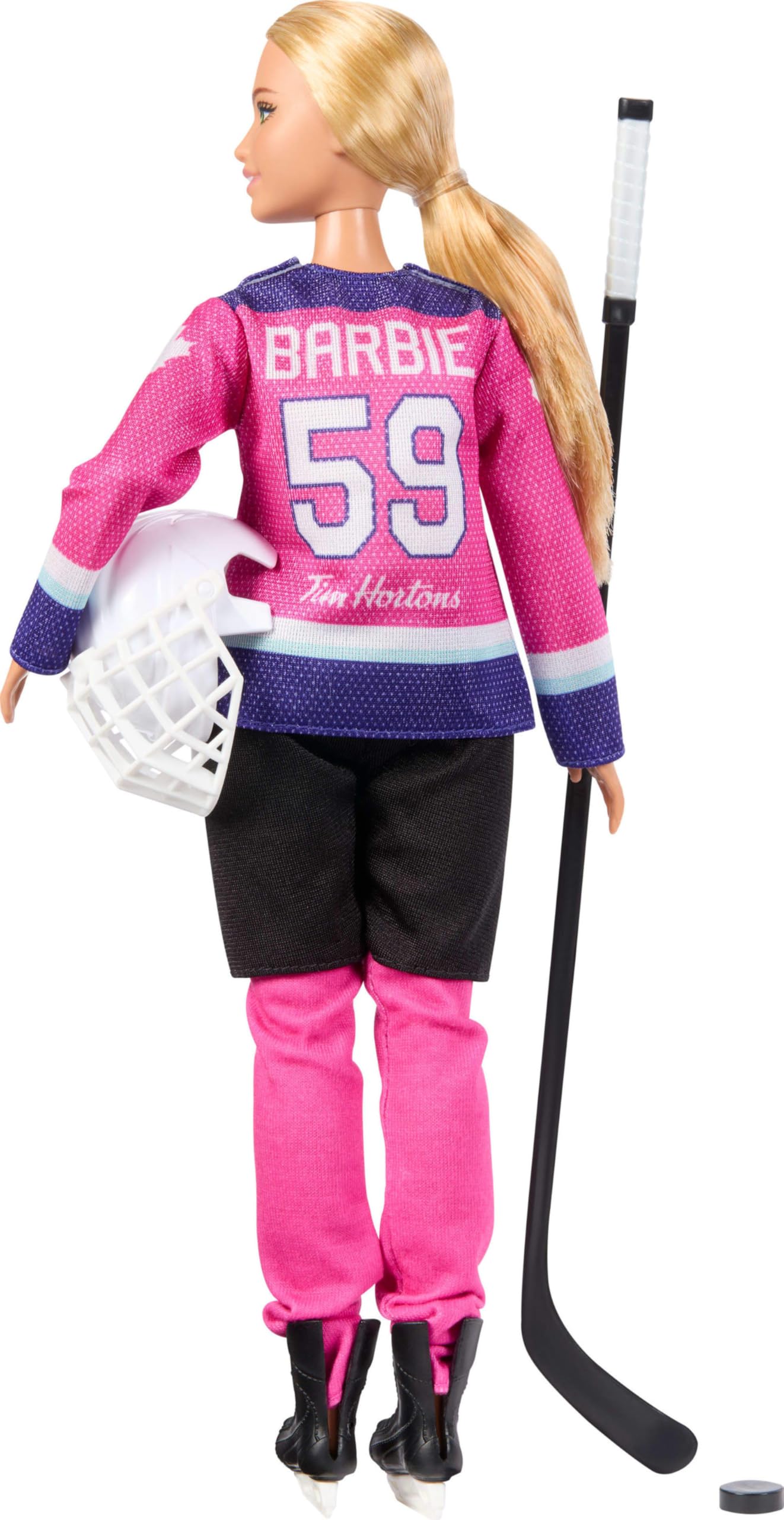 Tim Hortons Barbie PWHL 2025 Fashion Doll in Pink, Purple, & Teal Hockey Jersey, Includes Hockey Stick, Puck, and Helmet