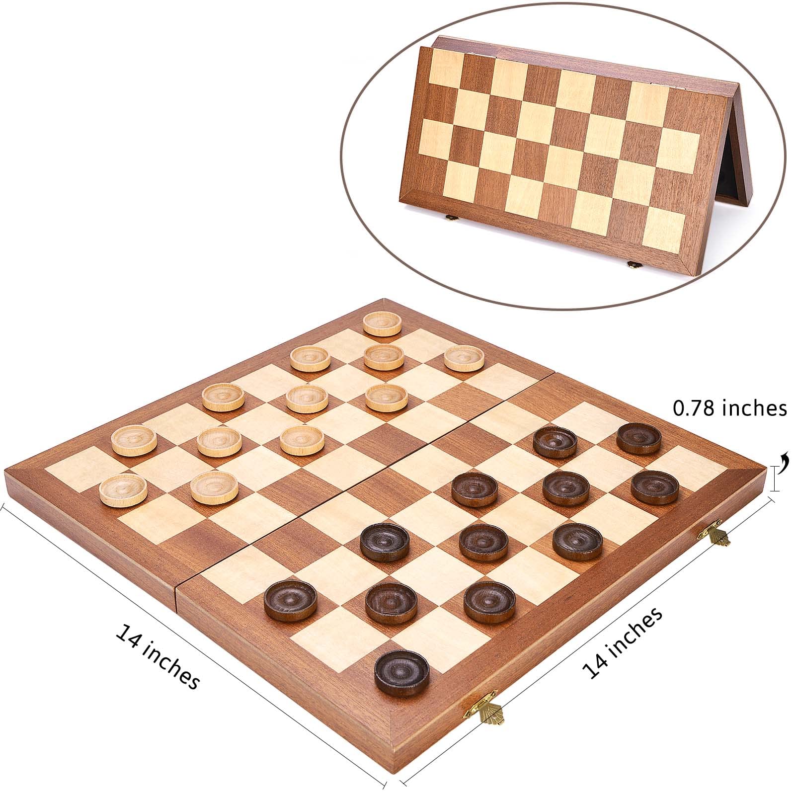 VAMSLOVE 14inch Checkers Folding Wooden Game Set, 8x8 Classic Checkerboard International Checkers Draughts Board 64 Square with Pieces Storage Slots