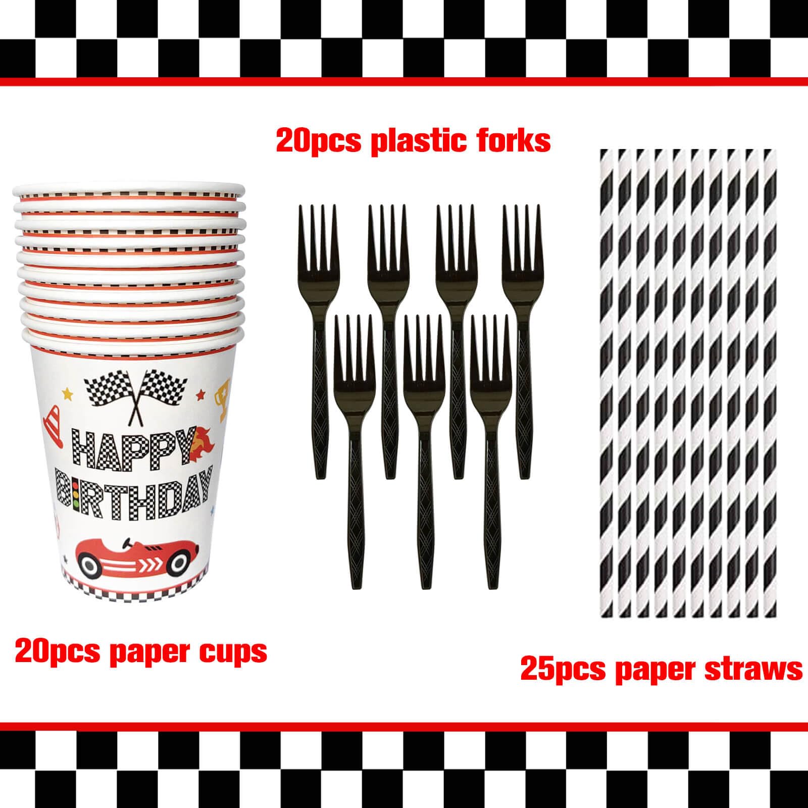 126pcs Race Car 1st Birthday Party Plates - Black and White Checkered Fast One Dessert Plates Napkins Straws Paper Cups Racing Tablecloth for Baby