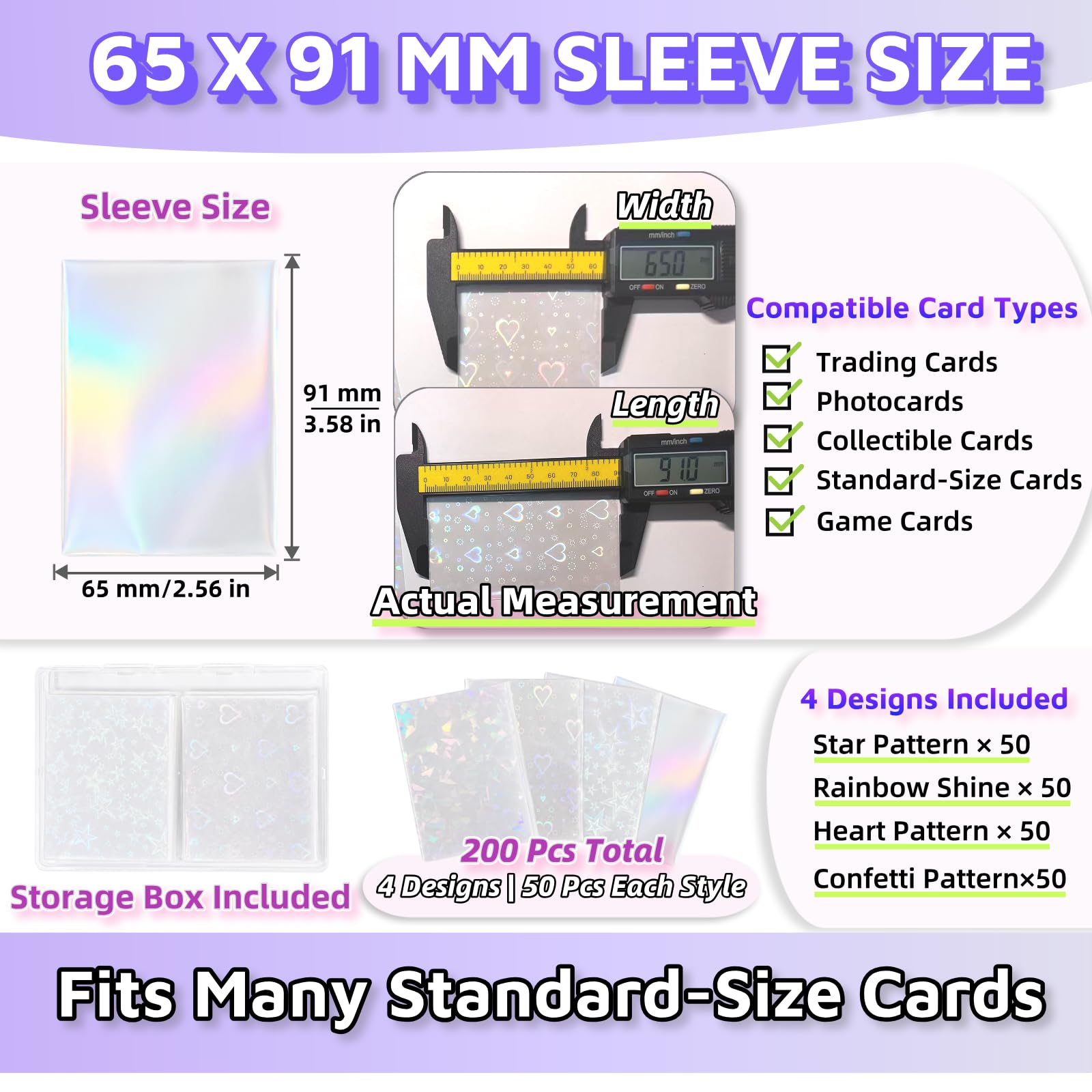 Kevvnza 200 Pcs Holographic Card Sleeves 65x91mm, Clear Kpop Photocard Sleeves, Laser Flashing Trading Card Protectors for Photo Cards, TCG, Sports