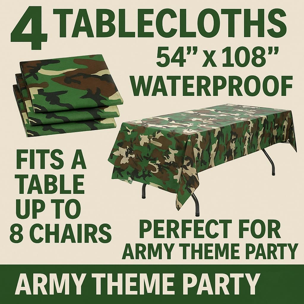 Oojami Pack of 4 Camouflage Plastic Tablecover - 54? x 108? Rectangular Camo Tablecloth - Ideal for Outdoor BBQ, Hunting Theme, Military Party