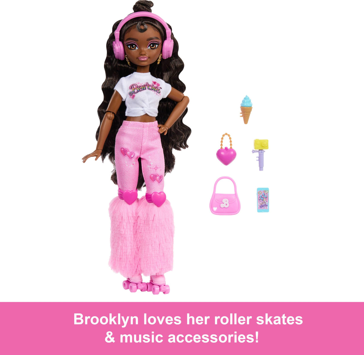 Barbie Dream Besties Doll and Accessories, Brooklyn” Posable Roller Skating Fashion Doll with Dark Brown Hair, 9Music & Video Themed Pieces