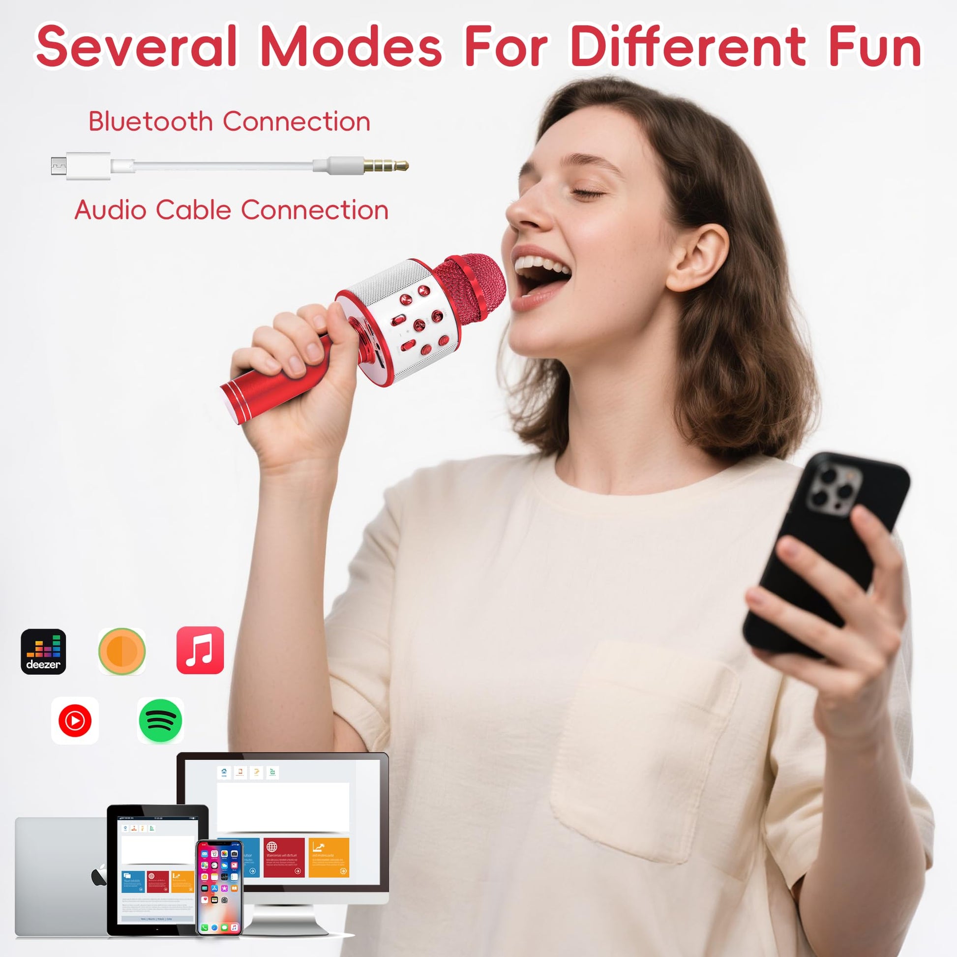 Wireless Bluetooth Karaoke Microphone for Kids, 5-in-1 Portable Handheld Karaoke Mic Speaker Player Recorder with Adjustable Remix FM Radio for Kids