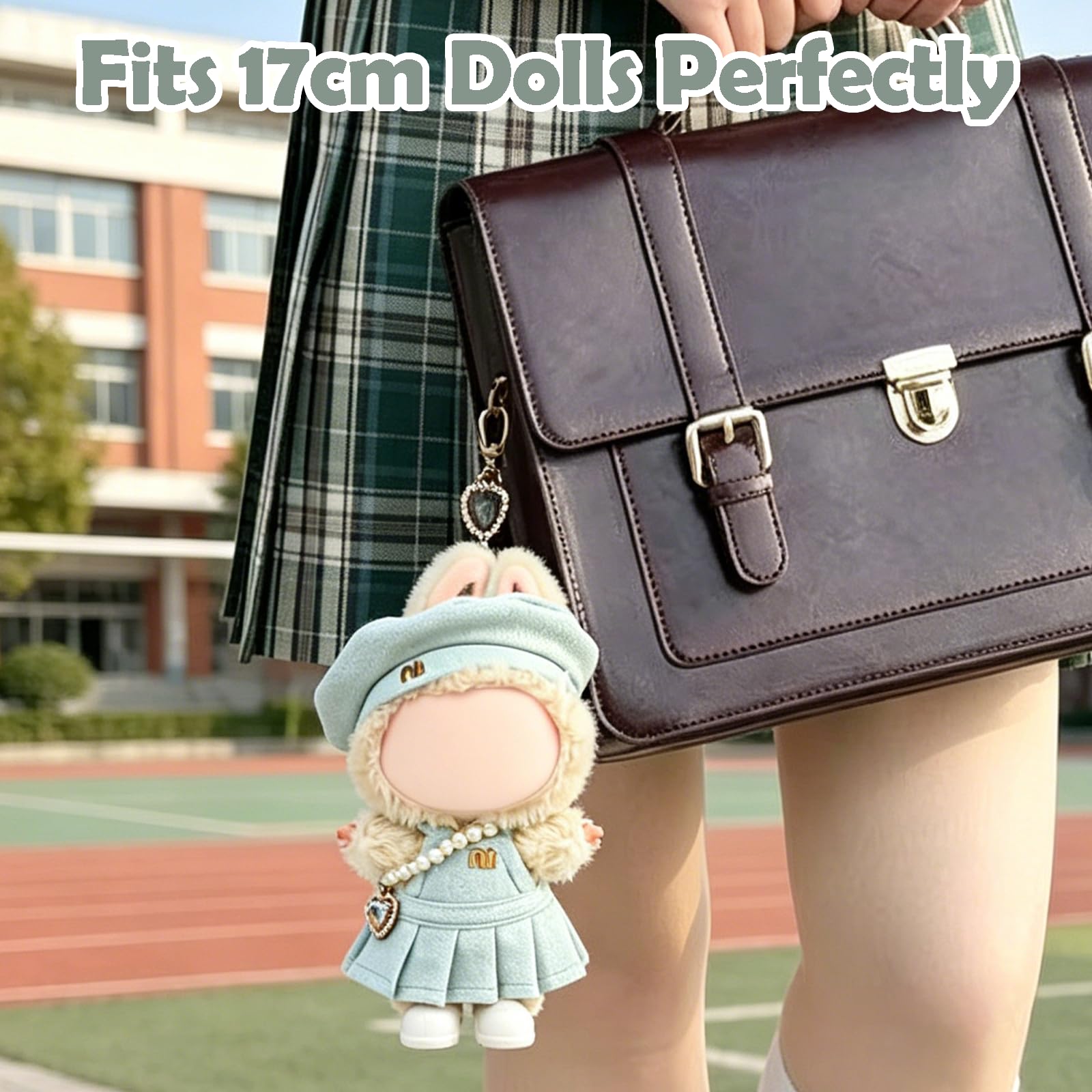 Clothes Compatible with LABUBU Doll - 4PCS Frosted Mint Set, 17cm Doll Clothes Designer Outfit for Campus Classic Theme, Chic Stylish Accessories