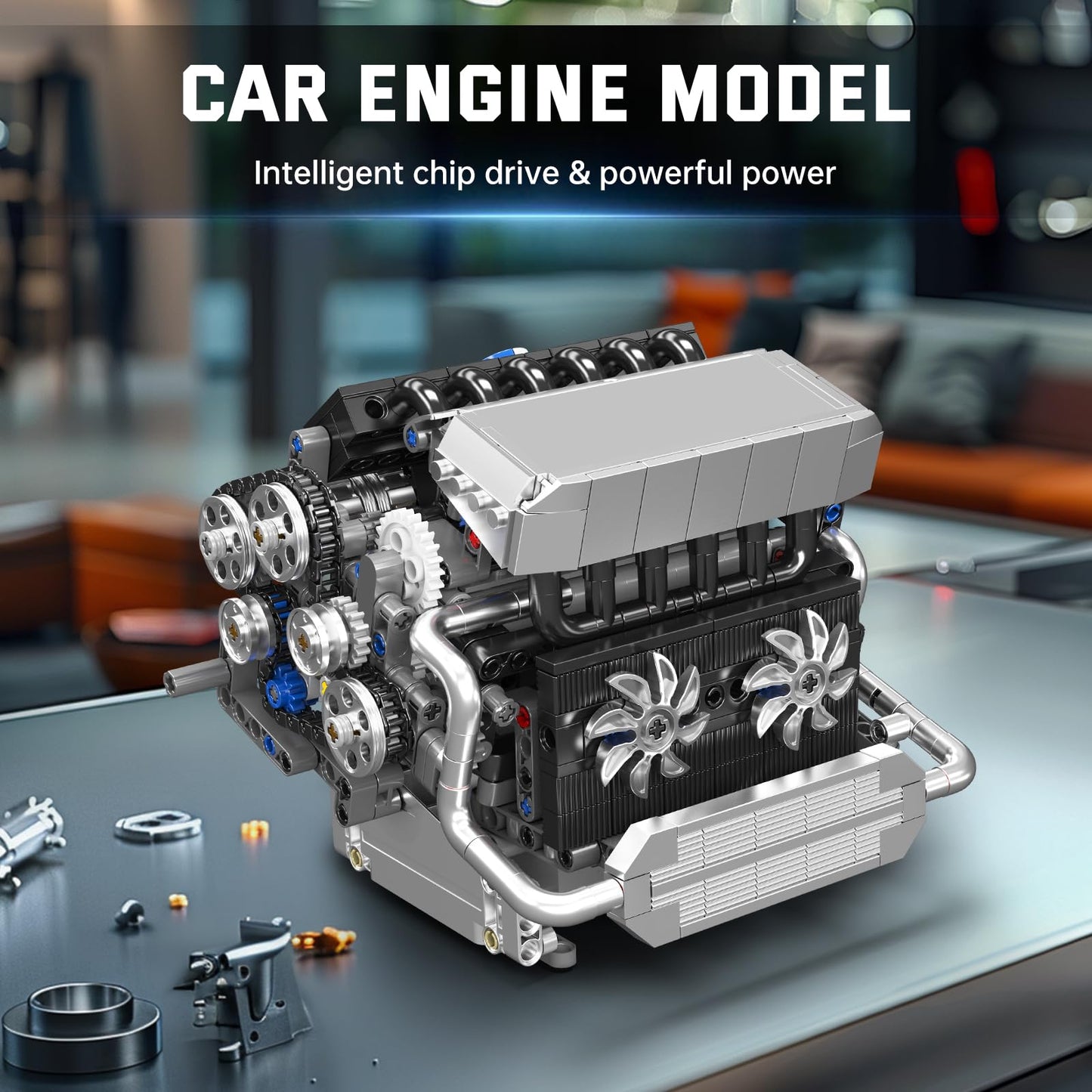 Mould King 10213 Car Engine Building Sets, Intelligent Chip Drive Engine Model Kit that Runs, Build Your Own STEM V8 Engine Model Toys for Adults